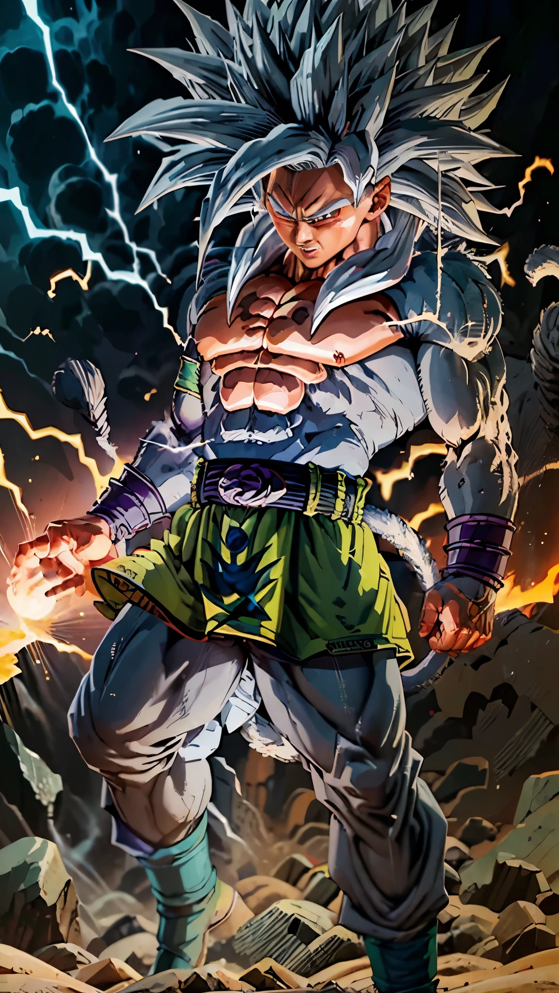 Generate an awe-inspiring artwork featuring Goku, the iconic character from Dragon Ball Z, amidst a desolate desert battlefield. In this scene of triumph and power, depict Goku in his legendary Ultra Instinct mode, a state of unparalleled mastery and strength. Ensure meticulous attention to detail, beginning with Goku's electrifying presence: his hair should cascade in shimmering strands of silver, resembling crackling electricity, while his eyes blaze with a piercing silver glow, reflecting the depth of his determination and power.

Zoom in on Goku's face to capture the intensity of his expression. His eyes, nose, and mouth should be rendered with precision, conveying a steely resolve and unwavering focus. Pay special attention to his hands and fingers as he prepares to unleash his signature attack, the 'Kamehameha.' Each digit should be poised with precision, emanating a sense of controlled power and imminent release.

Surround Goku with a dynamic aura of energy, crackling and swirling around the outline of his body. This electrifying aura should pulsate with life, mirroring Goku's inner strength and vitality. The desert landscape serves as the backdrop for this epic scene, with subtle lighting casting shadows and highlights to enhance the contrast with Goku's radiant form.

Capture the essence of victory and triumph amidst the desolate expanse of the battlefield. The atmosphere crackles with energy and tension, conveying the sheer magnitude of Goku's power and the weight of his decisive victory. This artwork should not only portray Goku's physical prowess but also evoke a sense of awe and inspiration, leaving viewers captivated by the sheer force of his presence.