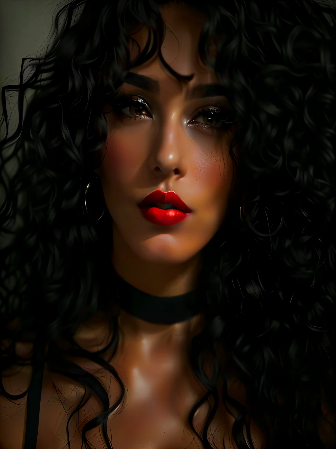 arafed woman with red lipstick and black hair posing for a picture, black curly hair, curly black hair, curly dark hair, detailed face with red lips, soft portrait shot 8 k, black long curly hair, gorgeous latina face, long black curly hair, sultry digital painting, portrait shot 8 k, detailed beauty portrait, sexy face with full makeup