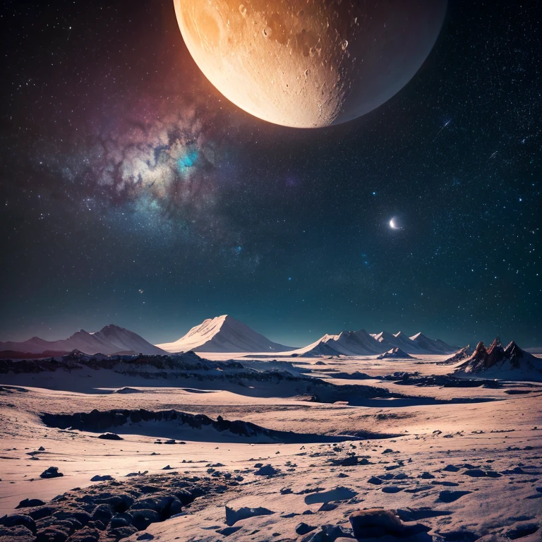 Starry sky with planets and distant stars in the background, space landscape, beautiful exotic landscape, ice planet, wonderful exotic landscape, beautiful space star planet, Breathtaking scenery for foreigners, exotic landscape view, A magnificent and beautiful space novel, moonlit landscape, wonderful exotic landscape, 地表にあるalien planet, science fiction fantasy wallpaper, moon in the background, alien planet, moonlit landscape научно-фантастический пейзаж, Alien landscape,cinematic style, high detail, hour, Realistic Physics, realistic, unreal engine, HDR, 8K