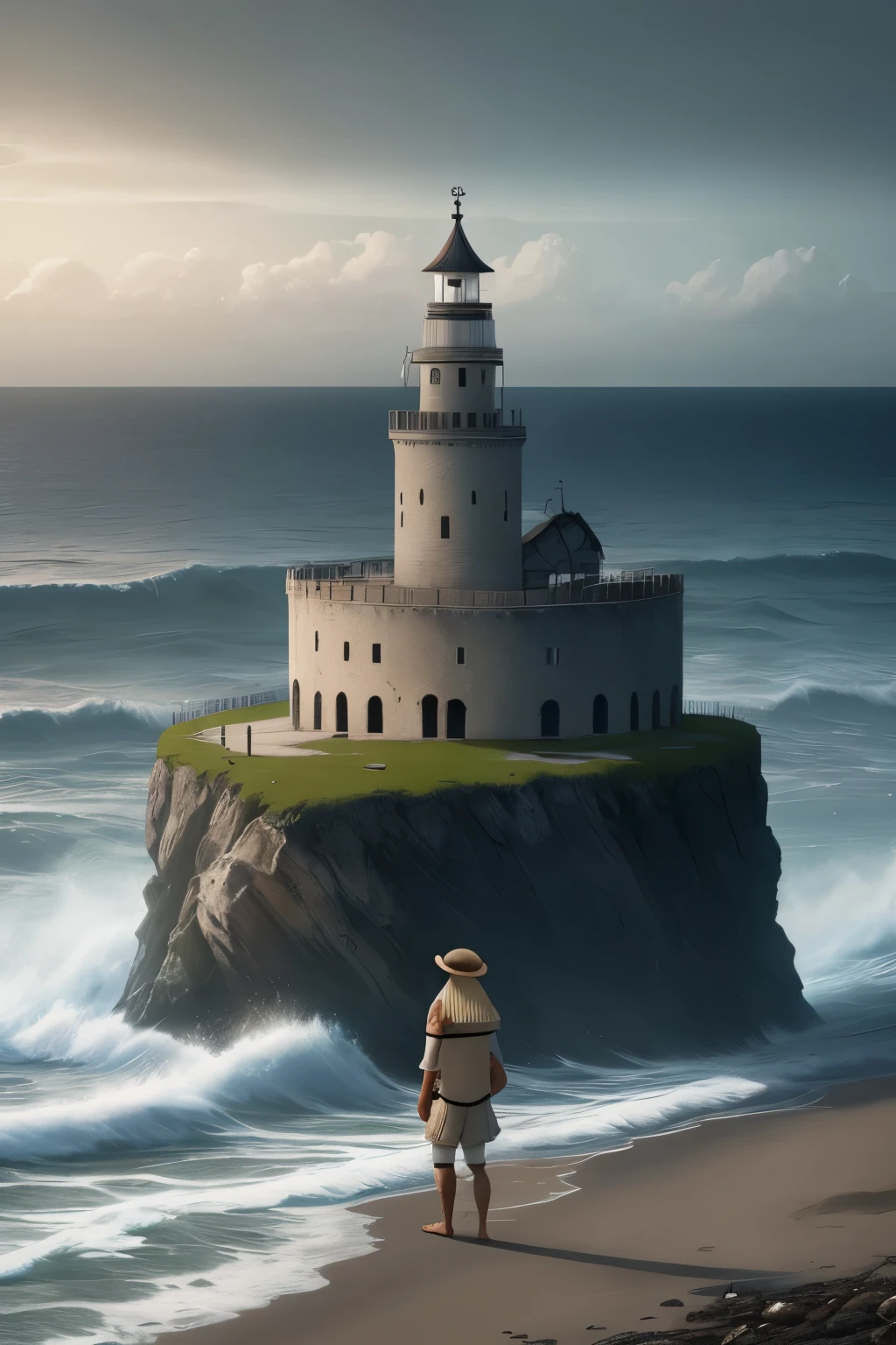 large abandoned high lighthouse, high cliff, increase proportional dimensions of lighthouse and abandoned escarpment, dark coast escarpment, rocky coastline, rough sea, storm,black clouds, lightning, tidal wave, hyper realistic 8k, ultra complex details, perfect texture, seagulls flying, tree leaves flying, , floating debris, realistic photo ,, iso50,old keepligther walkinh alone,old man alone,complex details+, hyperdetailed+,  art station, cinematic plan,van gogh style vild wild seathere is a man standing on a dock with a rope, fisherman, people fishing on the edge, fishing, focused photo, making eye contact, fish man, inspired by Koson Ohara, near a pier, old photo style, winning photo, fuji pro 400h, Japan shonan enoshima, inspired by Ohara Koson,  a man sitting on a pier --auto --s2