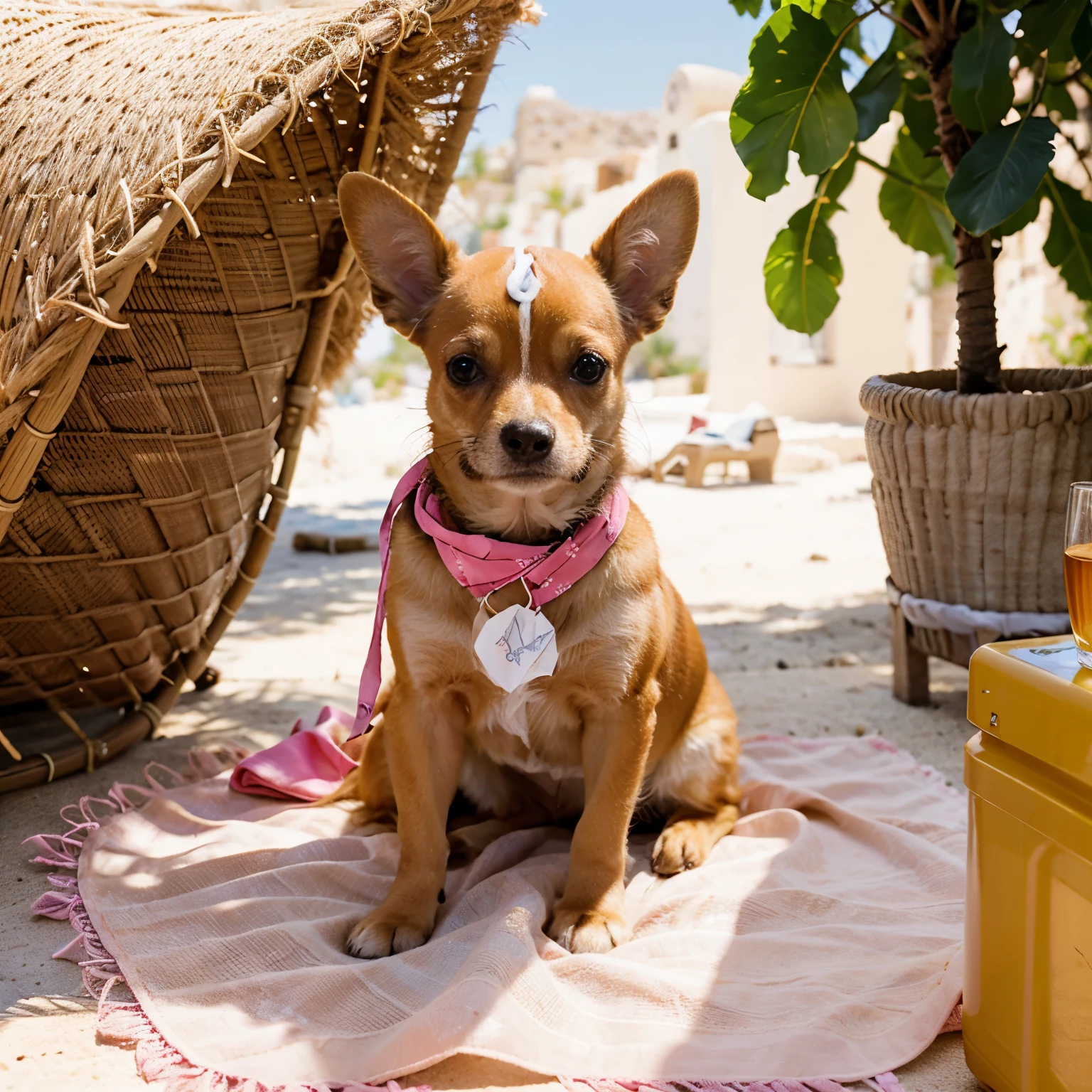 Créer un p'tit chihuahua appellé Honey, fawn-colored with a pink bandana around his neck sunbathing in the sun on an island in Greece. Photo réaliste en 4k