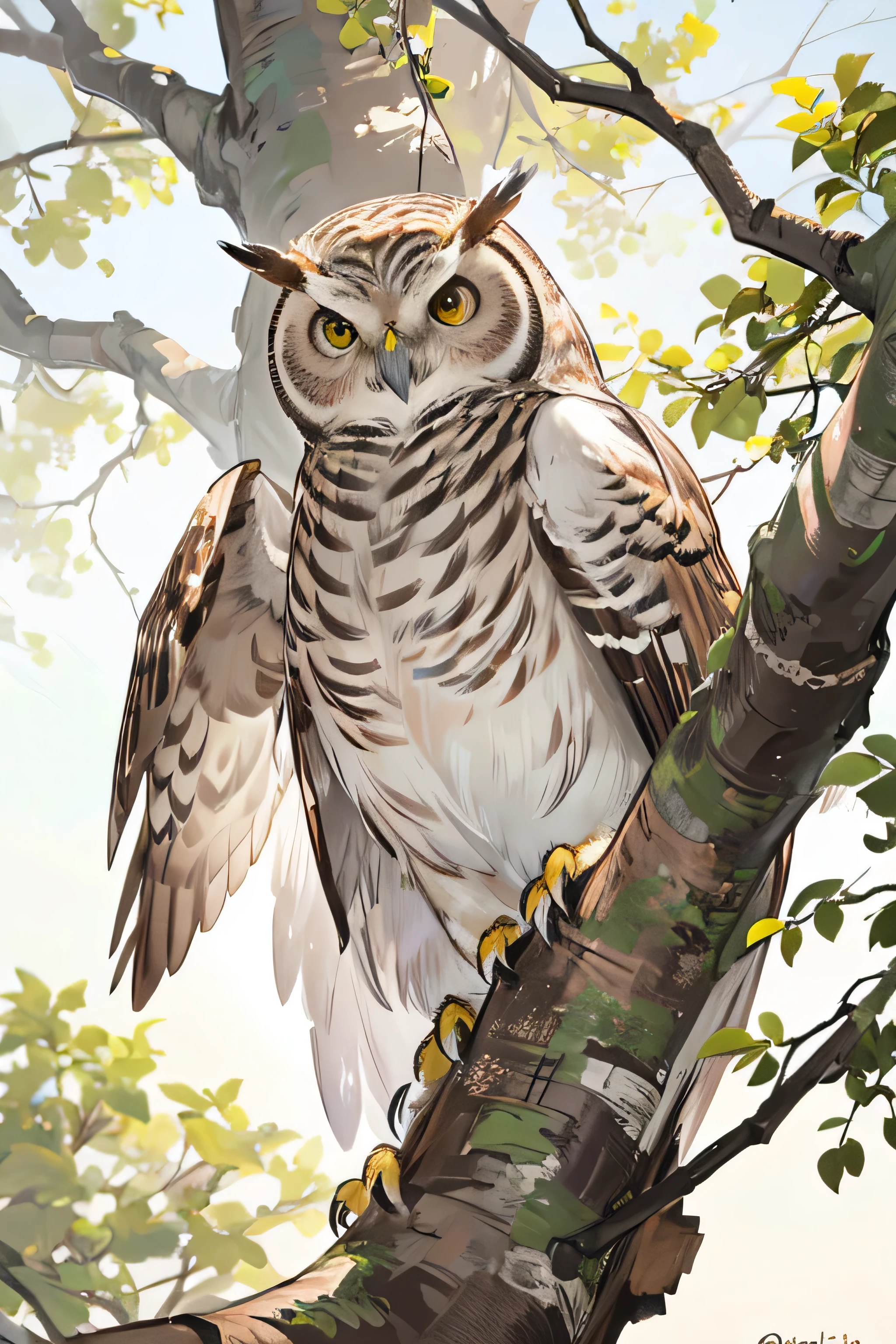 A photorealistic portrait of a wise old owl perched on a branch, its feathers ruffled by the wind."