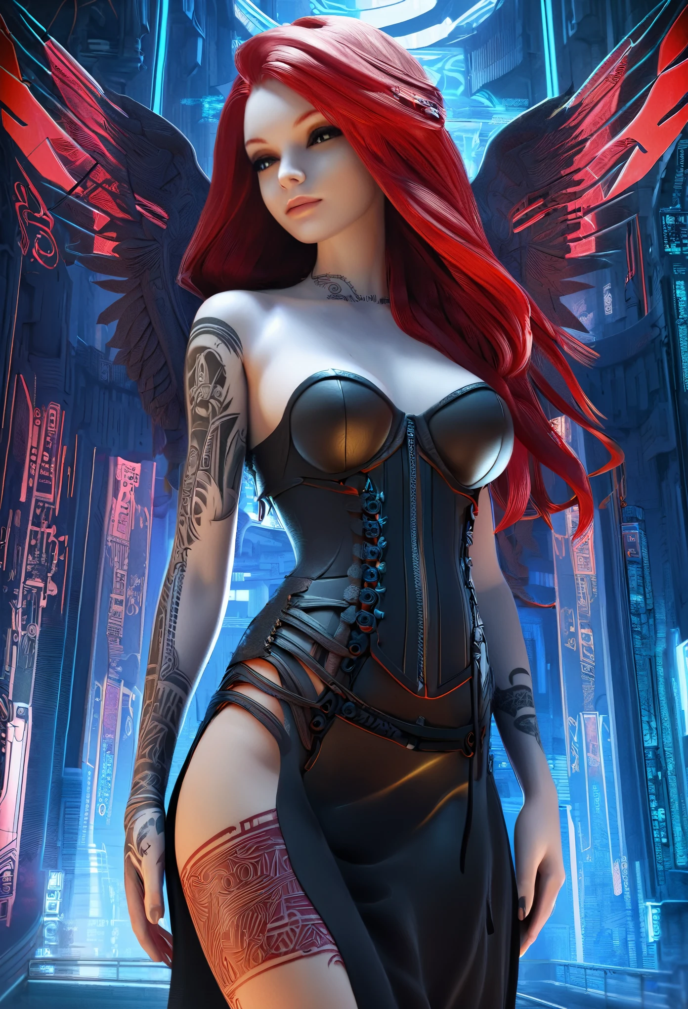 ((Create, Red-haired young girl-+, demoness), (full height, very beautiful, long red hair, smooth clean, white skin, open body, bare shoulders))_ ((Red and black short evening dress), (dear jewelry, esoteric symbols, cyberpunk implants, electronic technology), (expensive futuristic jewelry on the body), (tattoos)), (her body is grace, elegance, ideal figure, a girl with long red hair, waist-length), (black metal , leather corset, rock stars), (demonic image, body in tattoos), (corset of belts, fasteners and fastenings, electronic implants woven into her outfit), (Goddess of Darkness, angel of the cyber World.), (magic amulets on breasts, cabalistic symbolism))_((Dynamic expressive image, detailed skin texture, graceful figure, sexy girlfriend, tattoos, erotic, dark angel)), (( NSFW))_(((Bright, anime style, cyberpunk), (Stylized Italian Renaissance, great art ), (magic and cyberpunk mixed together), (distant esoteric future, high technology - magic), (masterpiece, highest quality, background - futuristic horror style, engineering structures, temple of cyber technology))_ ((Clear frame, soft shadows , contrasting light), (warm range of colors, golden light, contrasting light with cold backlighting from the side, expressing volume and shape))_ ((Stylized 3D visualization imitating comic book graphic technique), (clear line, clear outline, shading, color fill))_((High quality, 4K | Ultra HD | Full HD, cinematic rendering)).