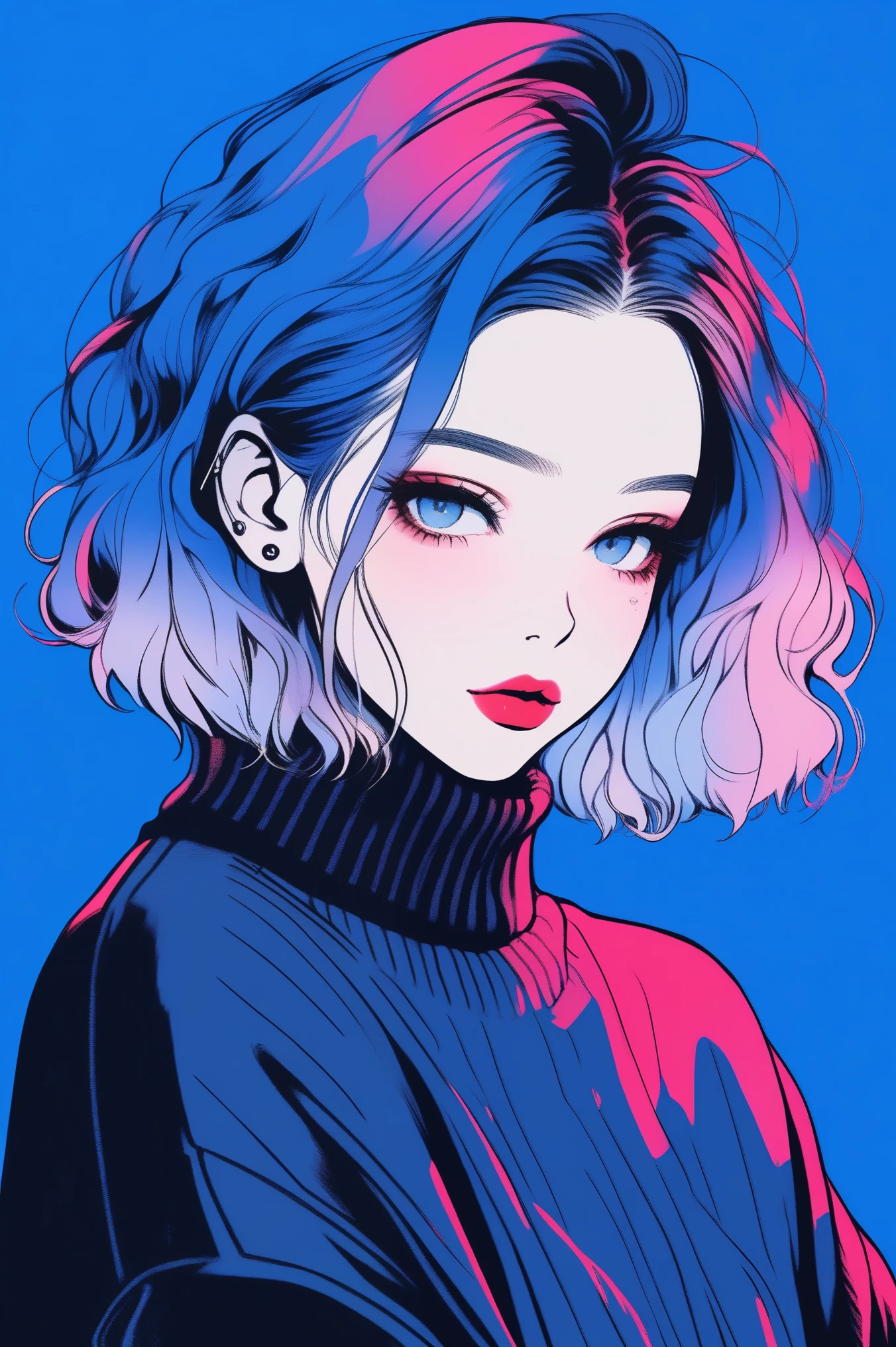 (best quality, sketch:1.2),realistic,illustrator,anime,1 girl, detailed lips,sweater,custom,blue gradient background,neon hair,textured cropping,Canadian, masterpiece, style retro classic, noir dark 