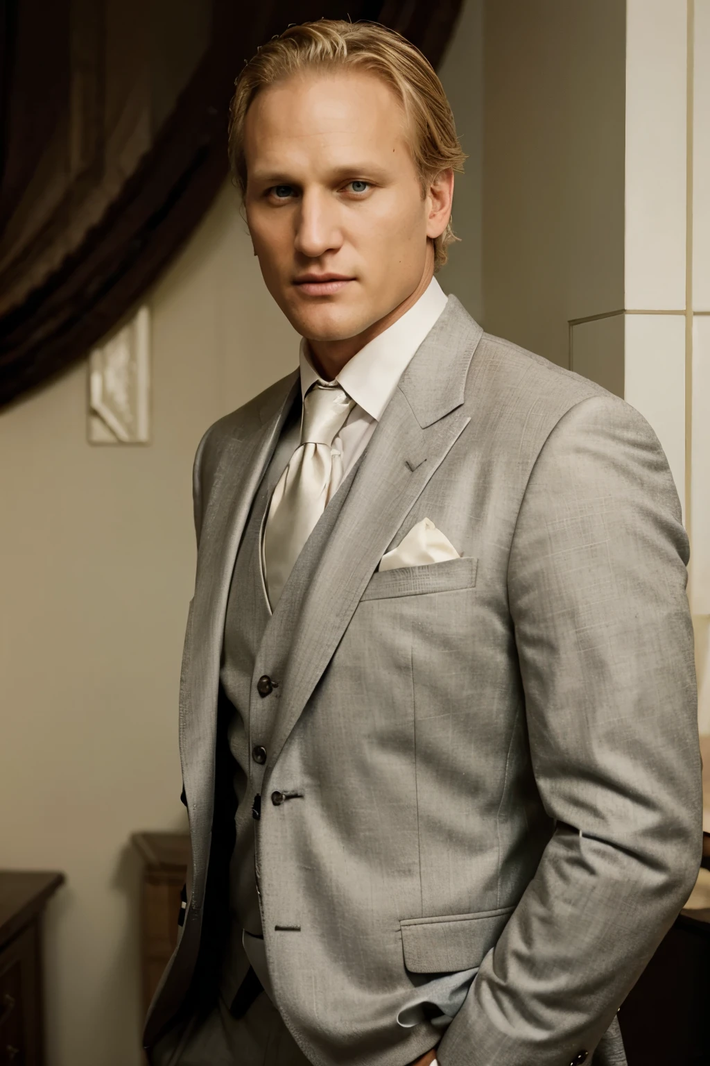 Woody Harrelson, tuxedo, Wedding, white flower in buttonhole, Wedding suit, still from the film, blonde hair, portrait, Elderly 