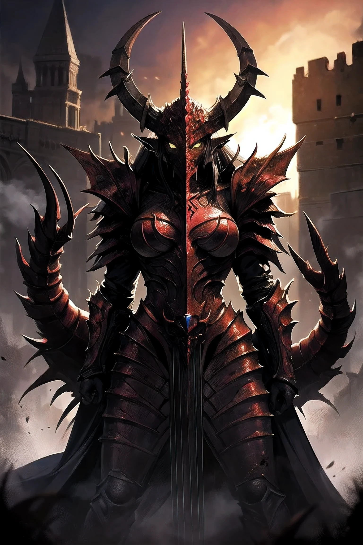 a woman, with eyes and long hair, Warhammer universe, anime design, wearing military lord captain garment, with grim dark elements, in a detailed darkened infrastructure backdrop, surrounded by civilians, evil chains