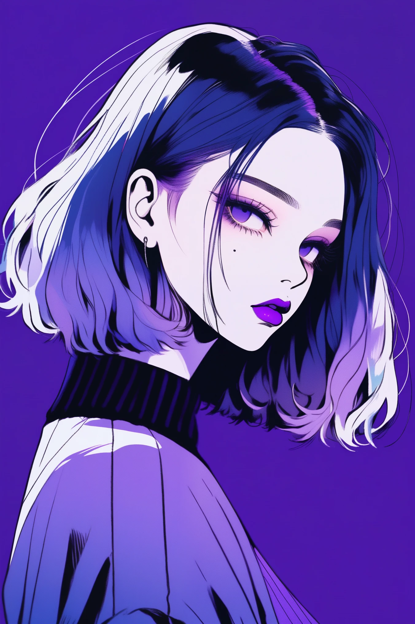 (best quality, sketch:1.2),realistic,illustrator,anime,1 girl, detailed lips,sweater,custom,blue gradient background,neon hair,textured cropping,Canadian, masterpiece, style retro classic, noir dark, full body art, sketch book, (bob hair purple:1.35, black:1.55)