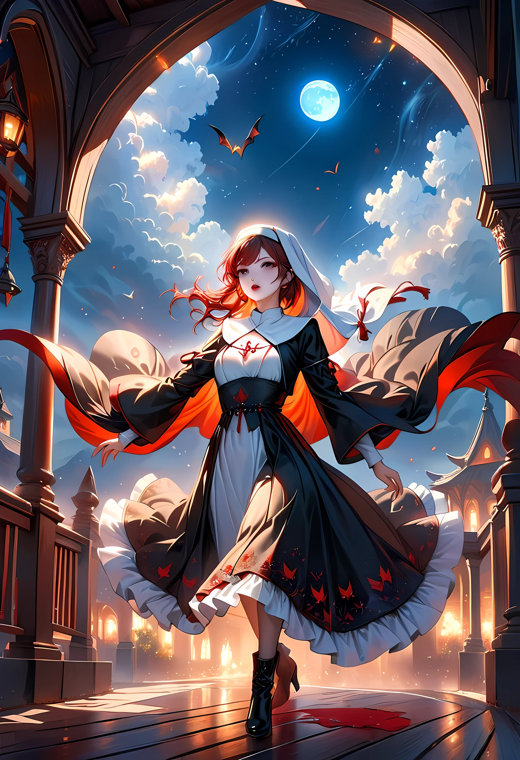 a picture of an exquisite beautiful female (nun: 1.3) vampire standing under the starry night sky on the porch of her monastary, action shot, dynamic angle (ultra detailed, Masterpiece, best quality), ultra detailed face (ultra detailed, Masterpiece, best quality), ultra feminine, (pale skin: 1.3), red hair, wavy hair, dynamic eyes color, cold eyes, glowing eyes, intense eyes, dark red lips, [fangs], wearing white nun habit (ultra detailed, Masterpiece, best quality), wearing blue cloak (ultra detailed, Masterpiece, best quality), long cloak, flowing cloak (ultra detailed, Masterpiece, best quality), wearing high heeled boots, sky full of stars background, moon, bats flying about, action shot, high details, best quality, 16k, [ultra detailed], masterpiece, best quality, (ultra detailed), full body, ultra wide shot, photorealism, dark fantasy art, dark fantasy art, gothic art, many stars, dark fantasy art, gothic art, sense of dread, bloodmagic