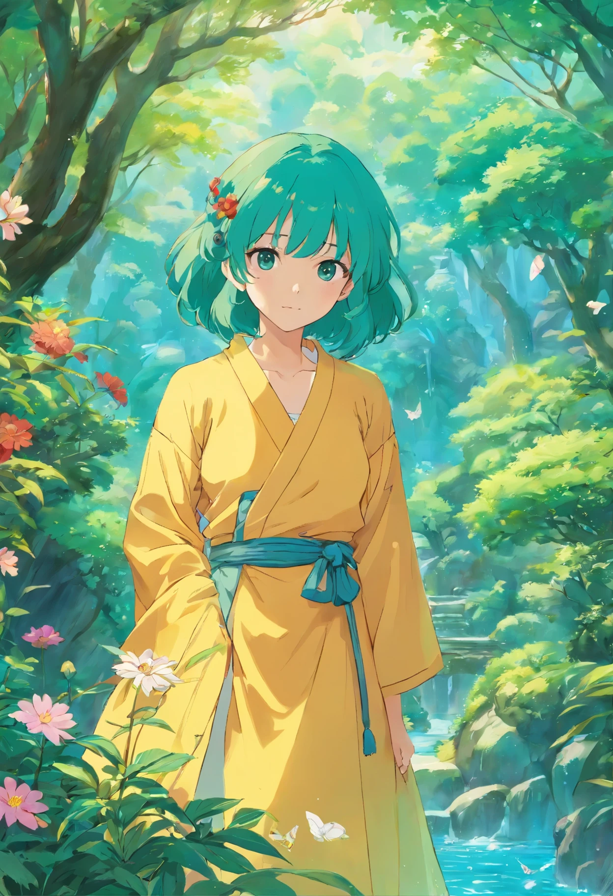 uma garota usando uma coleira de anime, um longo colar e brincos, no estilo de paisagens de jardim tranquilas, color animation photos, masami teraoka, aquamarine, paul gauguin, Estilo Embry, retrato honesto