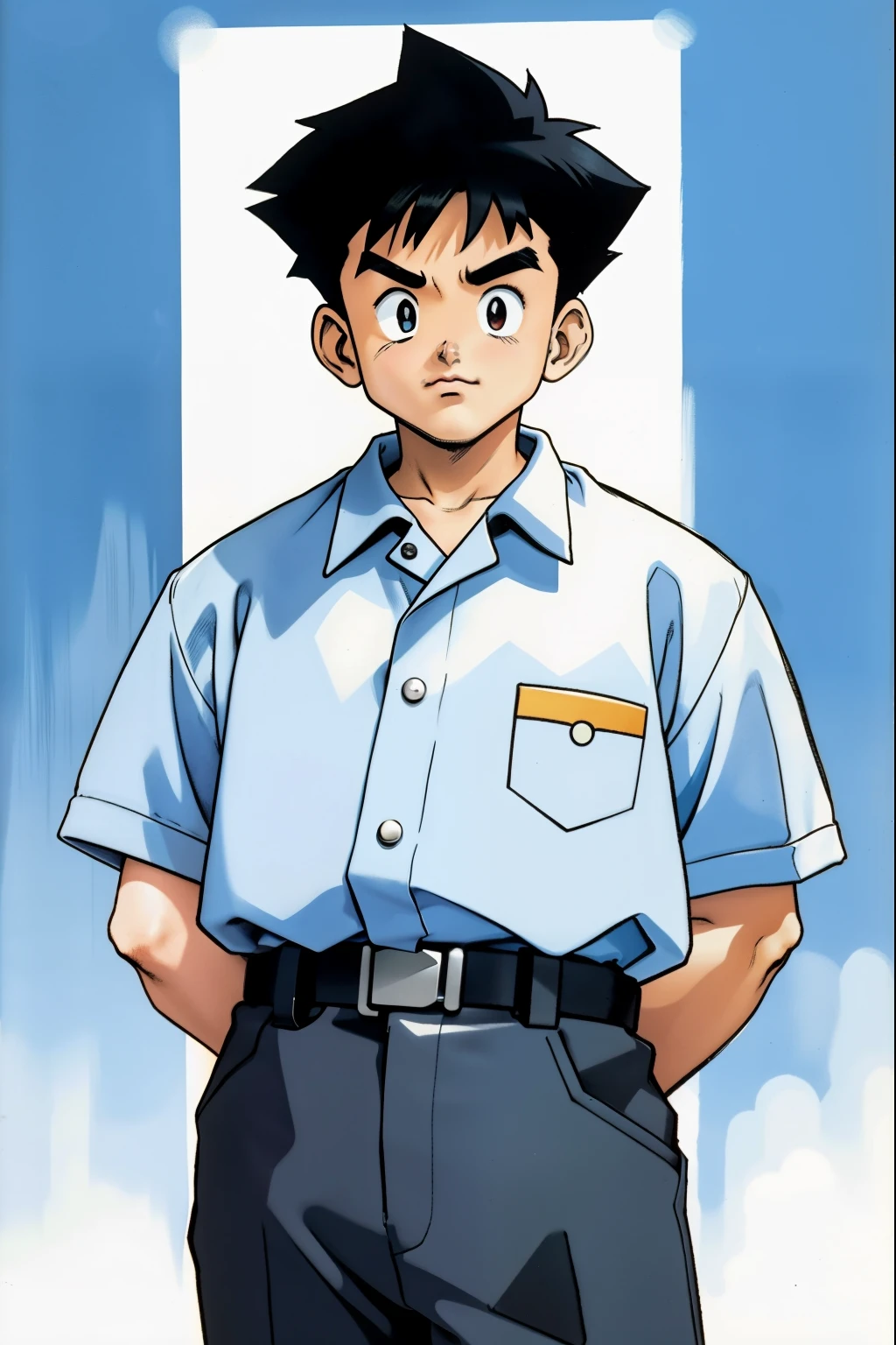 by Ken Sugimori, sugimori 1990s, ((only 1boy)), security guard, chubby, middle-aged ((hands behind their back)), full black pupils, manga, best quality, highly detailed, clean lines, cowboy shot, good hands, good eyes, hd, 8k, professional, symmetrical, hires, 8k,
