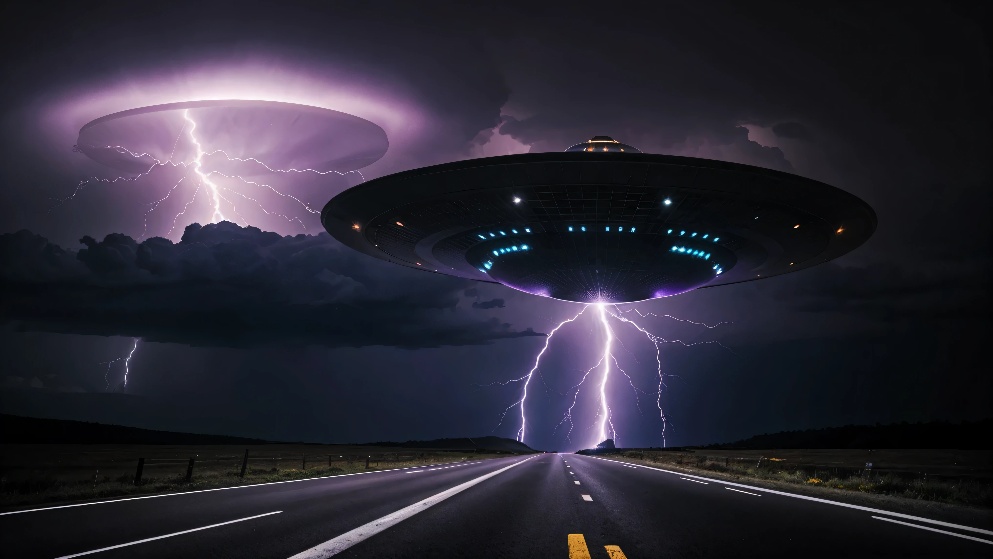 a fantastic flying saucer,in clear focus,a UFO is visible from dark clouds in a check,purple lightning,a thunderstorm and a ufo appears from a thundercloud,a nebula,and on earth the road goes into the distance,the asphalt glitters from the light of lightning,ultra-high detail,hyper high quality,saturation,contrast,hard light, best quality, super-detail, contrast, clear focus, volumetric light