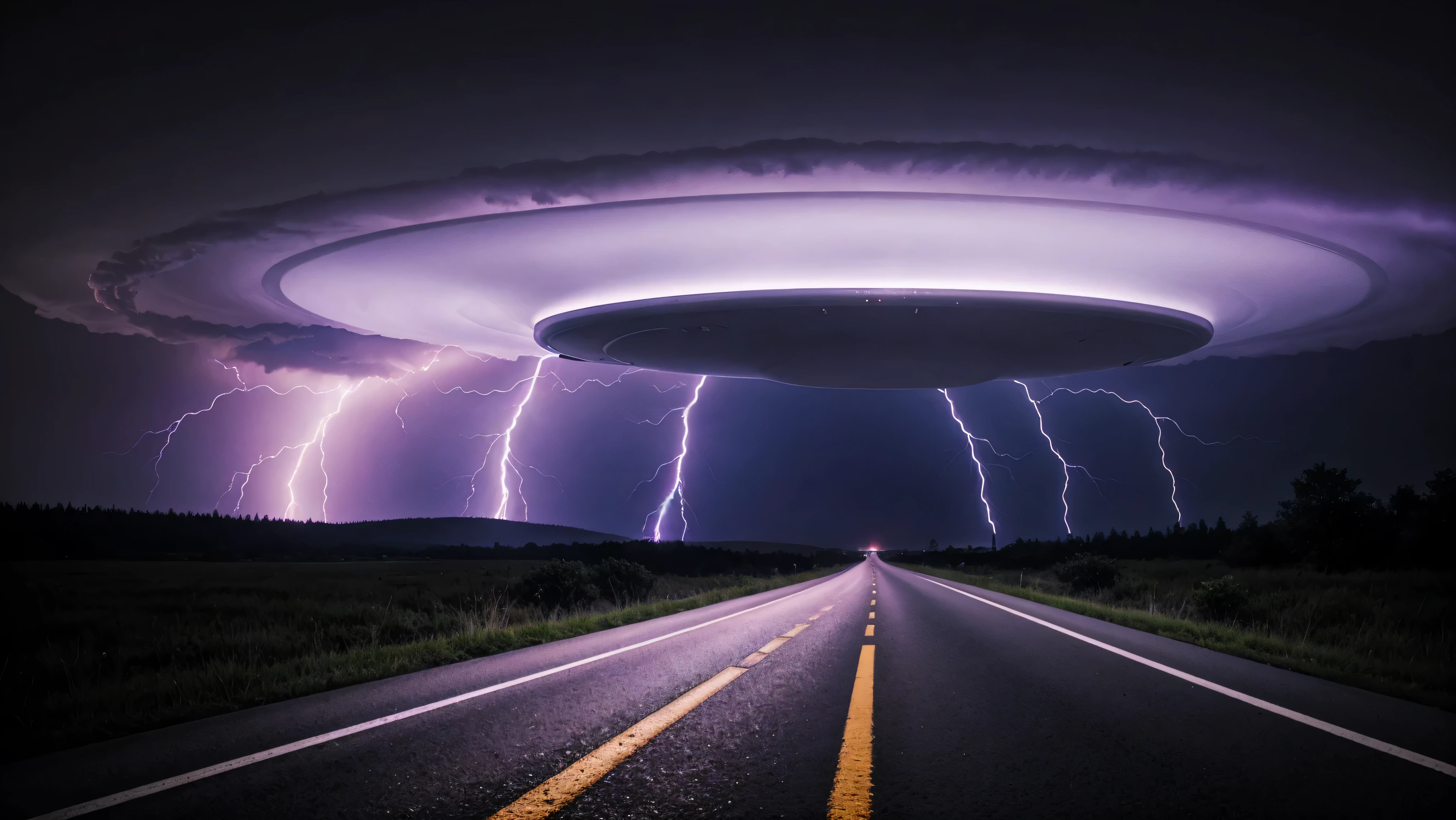 a fantastic flying saucer,in clear focus,a UFO is visible from dark clouds in a check,purple lightning,a thunderstorm and a ufo appears from a thundercloud,a nebula,and on earth the road goes into the distance,the asphalt glitters from the light of lightning,ultra-high detail,hyper high quality,saturation,contrast,hard light, best quality, super-detail, contrast, clear focus, volumetric light