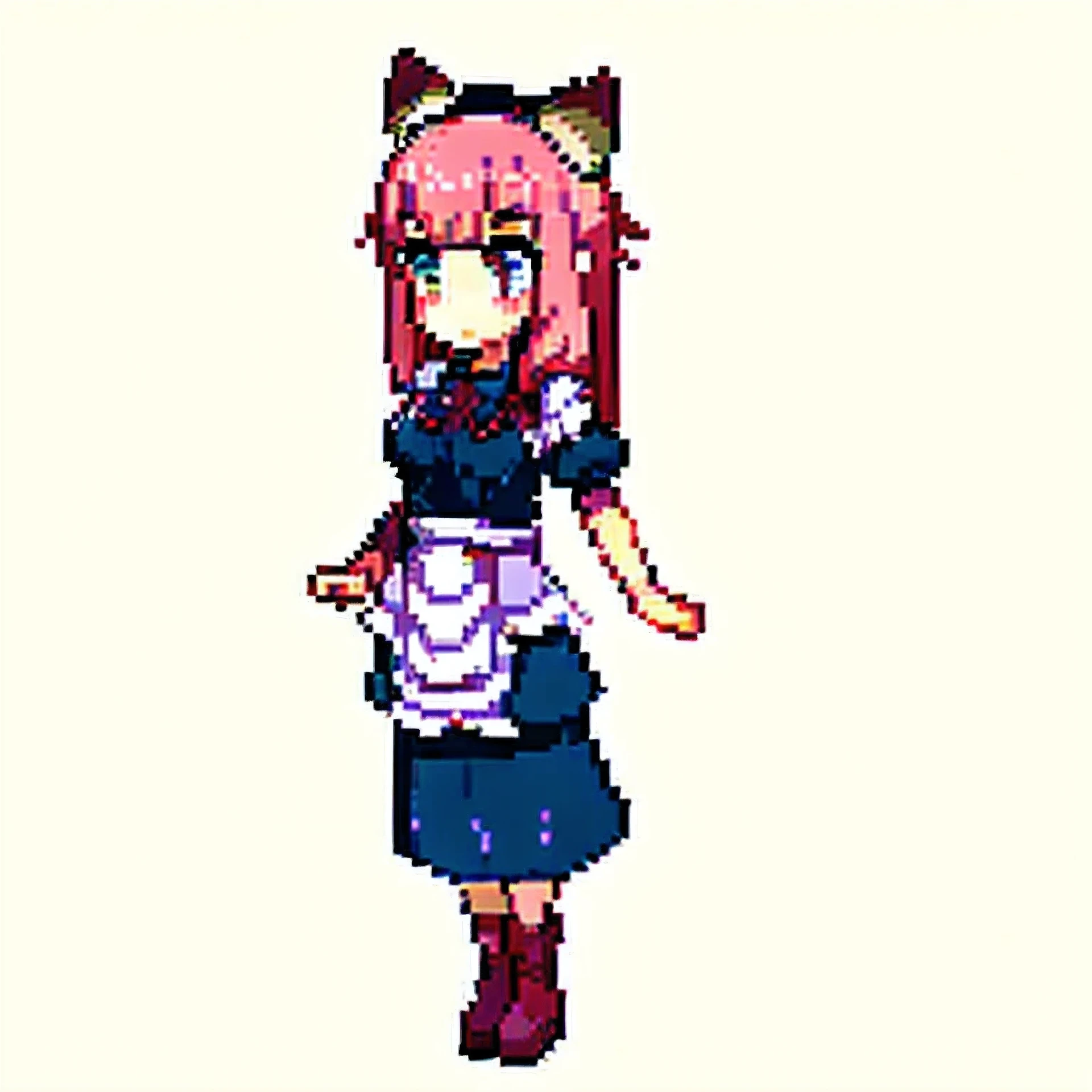 (masterpiece, top quality, best quality), pixel,pixel art,1girl,full body, cat ears (fluffy,cute), slender body, (nipple),medium thick breast,black long straight hair,wearing cute maid with black bow behind the back,((blush:1.4))