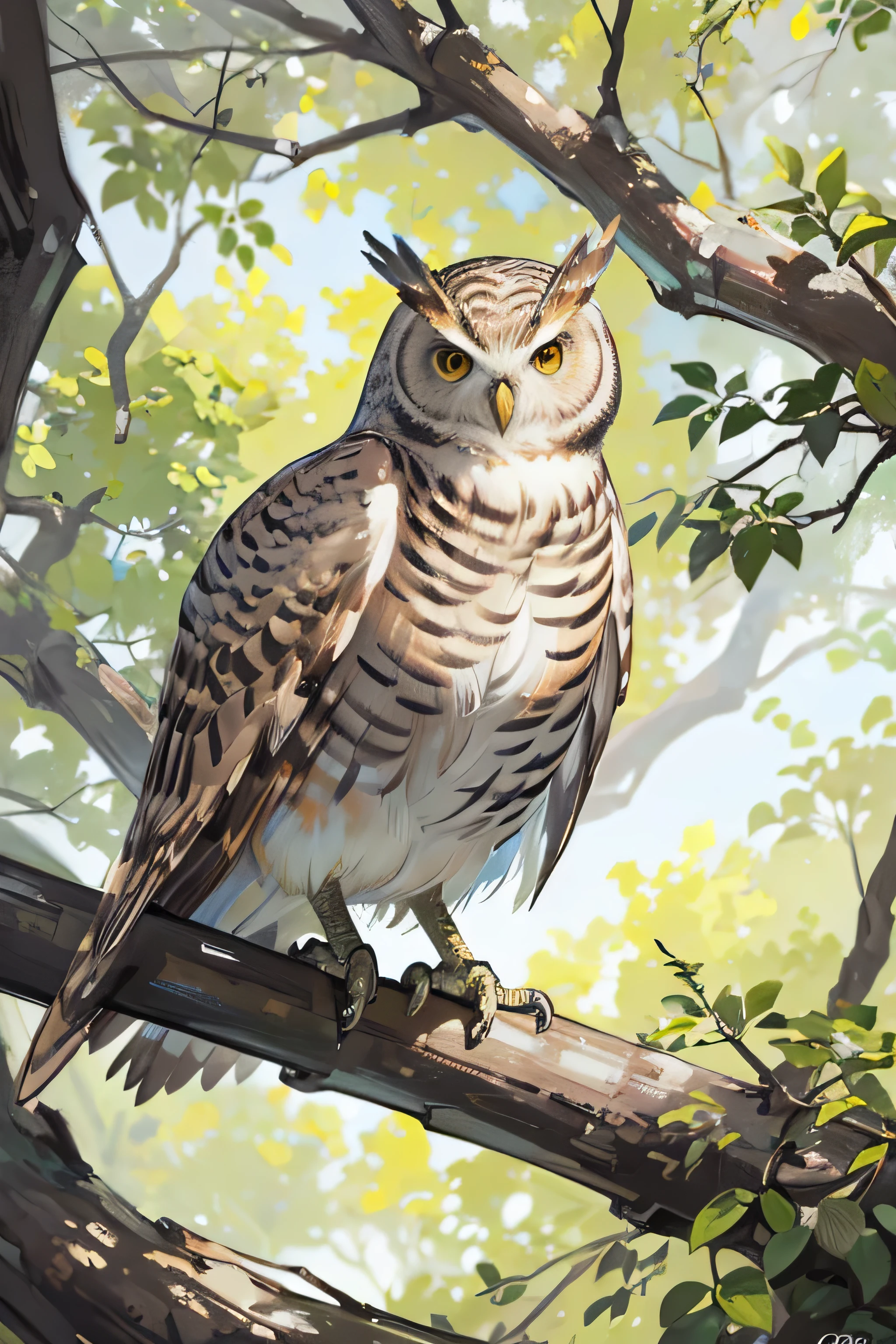 A photorealistic portrait of a wise old owl perched on a branch, its feathers ruffled by the wind."