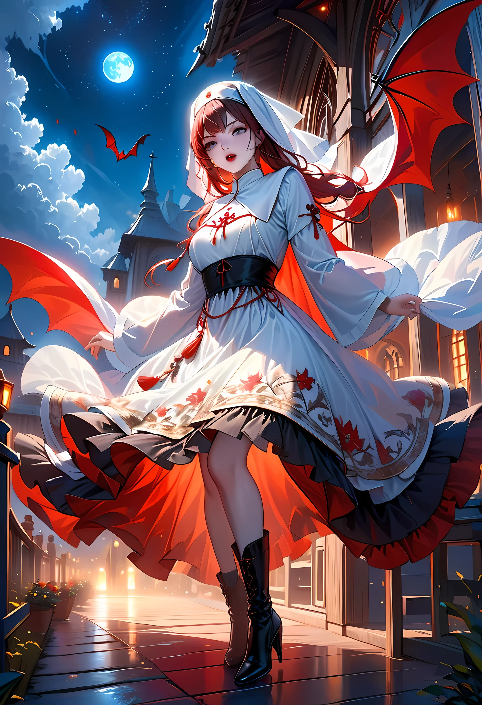 a picture of an exquisite beautiful female (nun: 1.3) vampire standing under the starry night sky on the porch of her monastary, action shot, dynamic angle (ultra detailed, Masterpiece, best quality), ultra detailed face (ultra detailed, Masterpiece, best quality), ultra feminine, (pale skin: 1.3), red hair, wavy hair, dynamic eyes color, cold eyes, glowing eyes, intense eyes, dark red lips, [fangs], wearing white nun habit (ultra detailed, Masterpiece, best quality), wearing blue cloak (ultra detailed, Masterpiece, best quality), long cloak, flowing cloak (ultra detailed, Masterpiece, best quality), wearing high heeled boots, sky full of stars background, moon, bats flying about, action shot, high details, best quality, 16k, [ultra detailed], masterpiece, best quality, (ultra detailed), full body, ultra wide shot, photorealism, dark fantasy art, dark fantasy art, gothic art, many stars, dark fantasy art, gothic art, sense of dread, bloodmagic