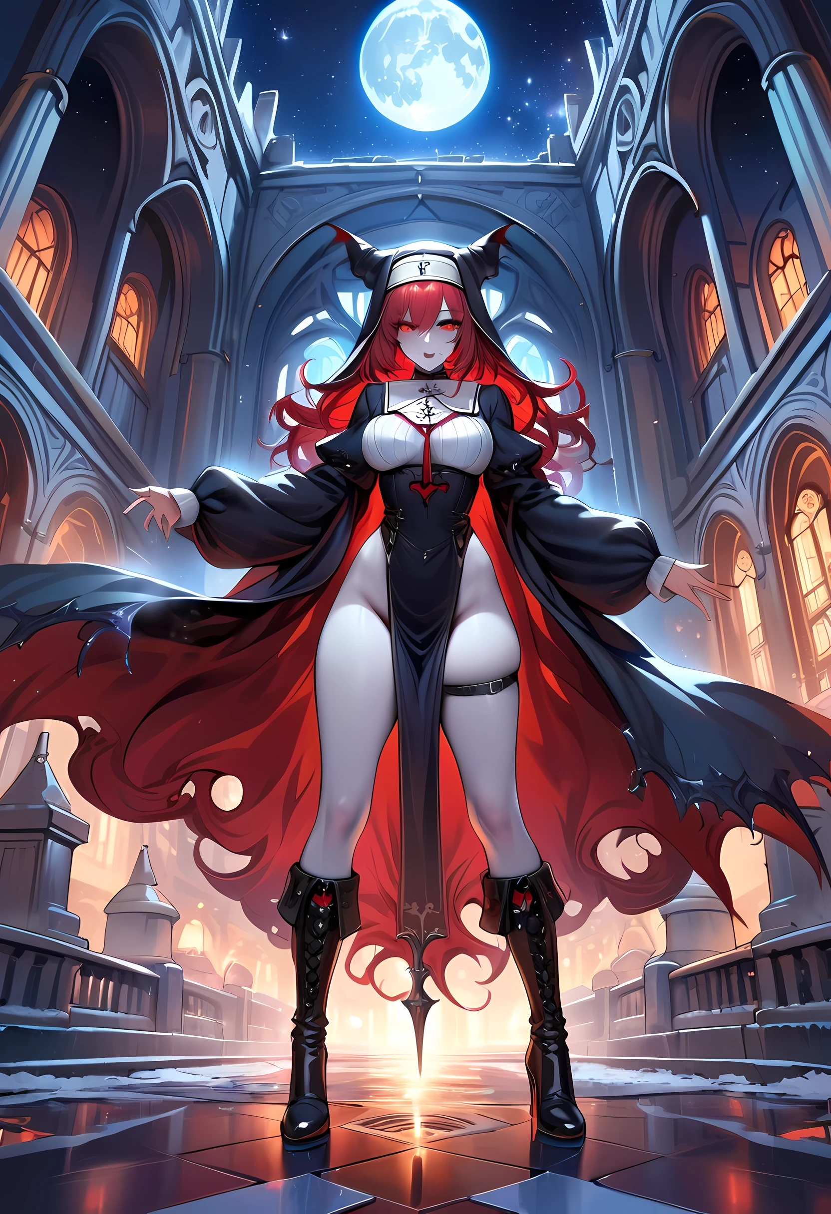 a picture of an exquisite beautiful female (nun: 1.3) vampire standing under the starry night sky on the porch of her monastary, action shot, dynamic angle (ultra detailed, Masterpiece, best quality), ultra detailed face (ultra detailed, Masterpiece, best quality), ultra feminine, (pale skin: 1.3), red hair, wavy hair, dynamic eyes color, cold eyes, glowing eyes, intense eyes, dark red lips, [fangs], wearing white nun habit (ultra detailed, Masterpiece, best quality), wearing blue cloak (ultra detailed, Masterpiece, best quality), long cloak, flowing cloak (ultra detailed, Masterpiece, best quality), wearing high heeled boots, sky full of stars background, moon, bats flying about, action shot, high details, best quality, 16k, [ultra detailed], masterpiece, best quality, (ultra detailed), full body, ultra wide shot, photorealism, dark fantasy art, dark fantasy art, gothic art, many stars, dark fantasy art, gothic art, sense of dread, bloodmagic