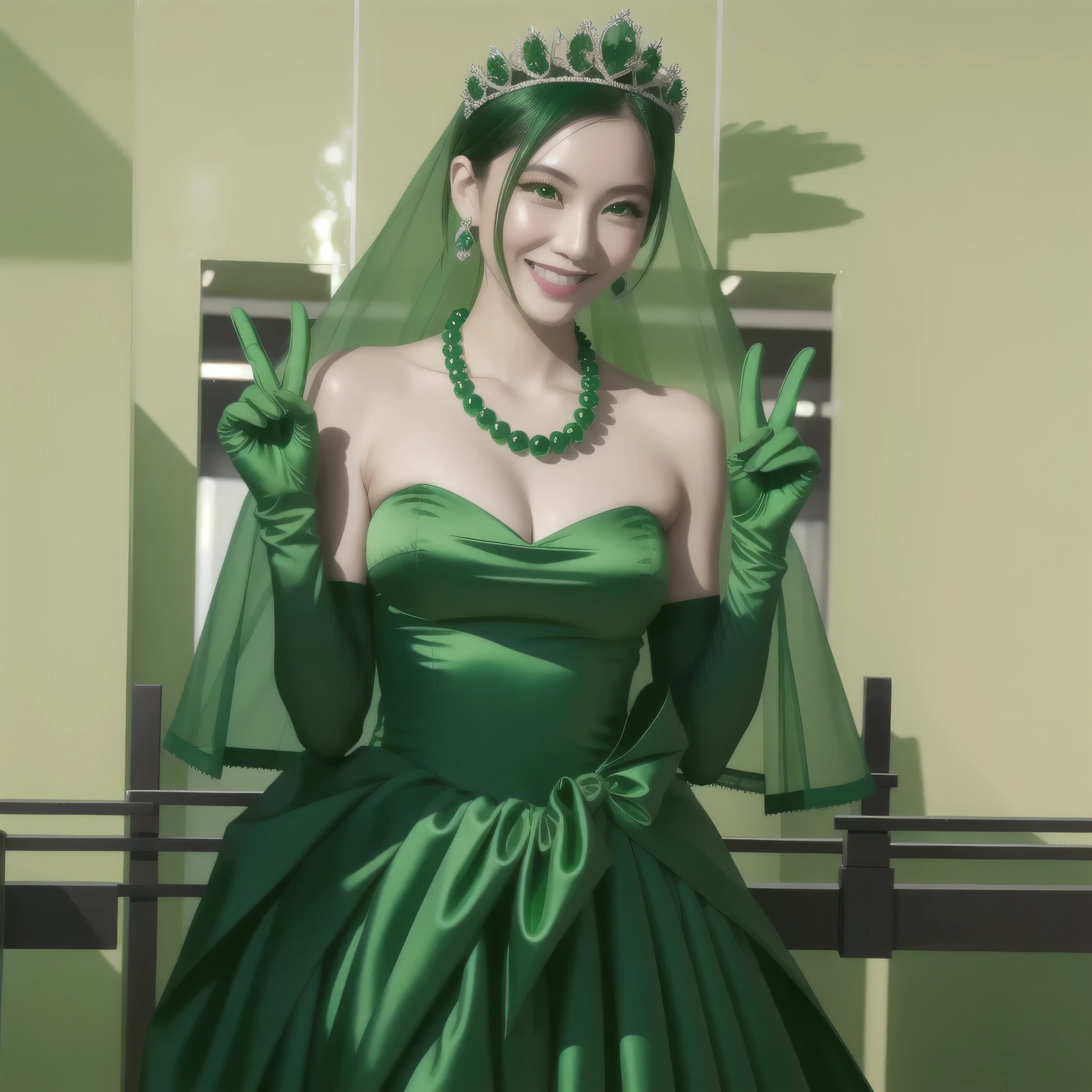 emerald tiara, green pearl necklace, boyish very short green hair, green lips, smiling Japanese woman, very short hair, Beautiful woman with big breasts, green eyes, green satin long gloves, green eyes, emerald earrings, green veil, Heart with both hands, green hair, beautiful japanese woman, V sign, green lip gloss