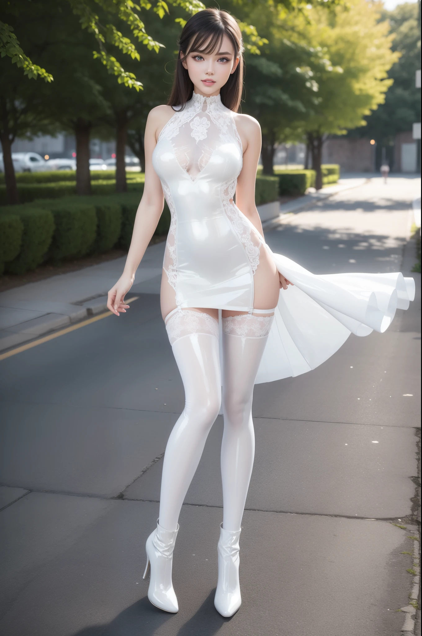 fashion modell, perfect eyes, Perfect iris, Perfect lips, perfect teeth, flawless skin, Glow, (Subdued Color:1.2), Baby Face Woman,
Gorgeous dress up, white latex see-through lace dress, white latex stockings,
Standing, outside,
Kamimei, Photorealsitic, 8k picture