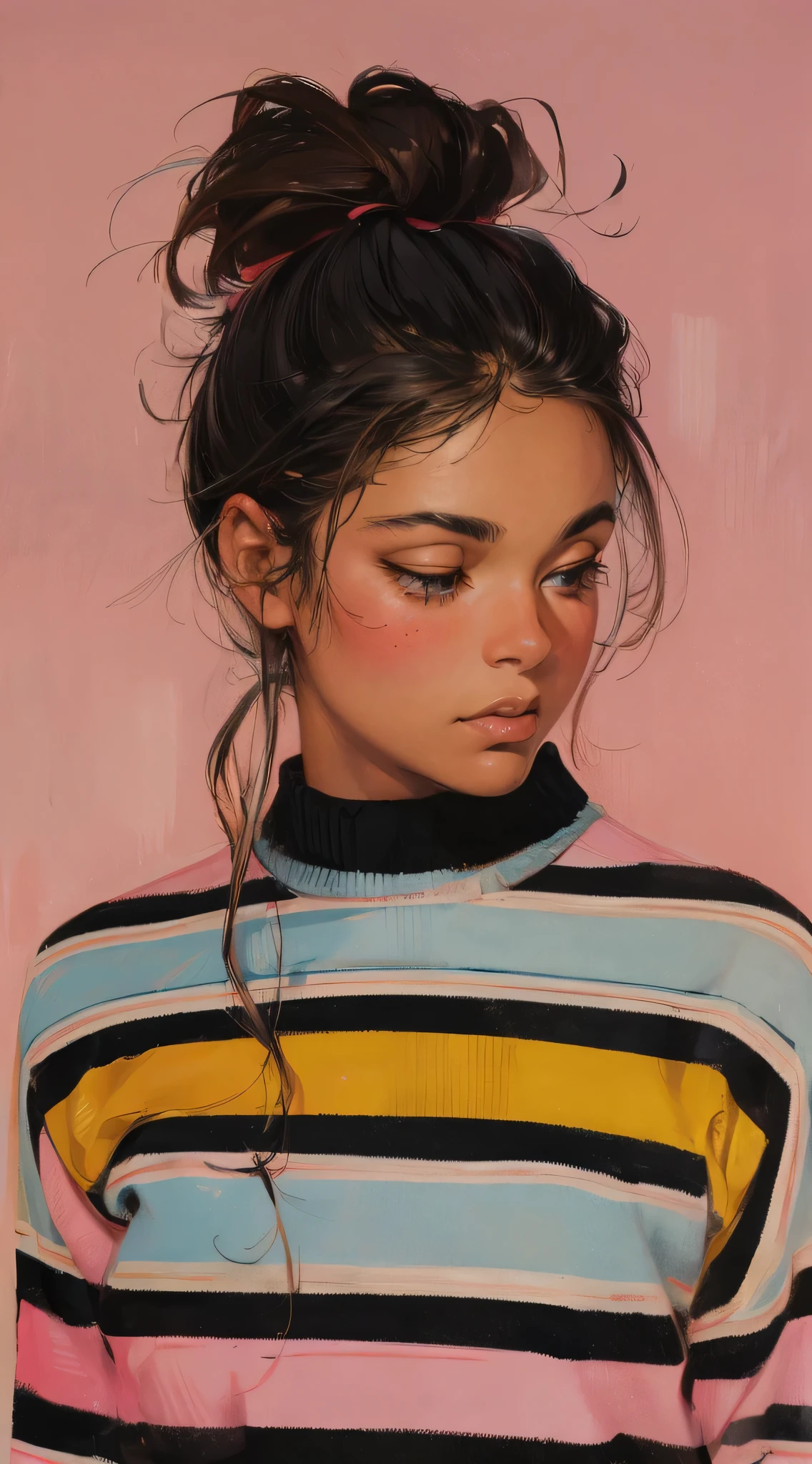 (best quality, ultra-detailed, 8k, uhd:1.2), best quality, perfect body, curvceous, slim waist, thick thighs, minimalist painting by frank frazetta with oil pastels, wearing a colorful retro pastel stripe sweater, minimalist monochromatic portraits on pink background, sweet painting with smooth finish