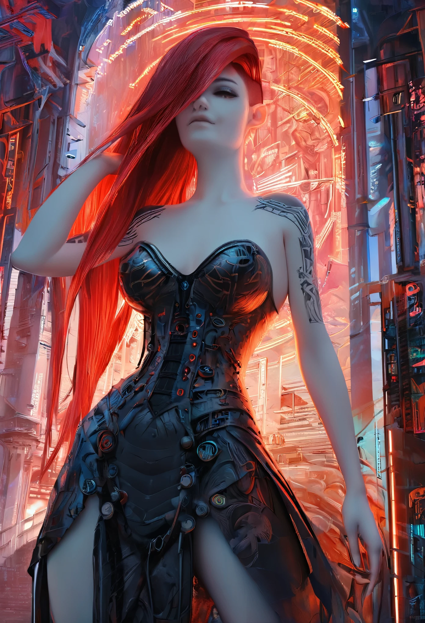 ((Create, Red-haired young girl-+, demoness), (full height, very beautiful, long red hair, smooth clean, white skin, open body, bare shoulders))_ ((Red and black short evening dress), (dear jewelry, esoteric symbols, cyberpunk implants, electronic technology), (expensive futuristic jewelry on the body), (tattoos)), (her body is grace, elegance, ideal figure, a girl with long red hair, waist-length), (black metal , leather corset, rock stars), (demonic image, body in tattoos), (corset of belts, fasteners and fastenings, electronic implants woven into her outfit), (Goddess of Darkness, angel of the cyber World.), (magic amulets on breasts, cabalistic symbolism))_((Dynamic expressive image, detailed skin texture, graceful figure, sexy girlfriend, tattoos, erotic, dark angel)), (( NSFW))_(((Bright, anime style, cyberpunk), (Stylized Italian Renaissance, great art ), (magic and cyberpunk mixed together), (distant esoteric future, high technology - magic), (masterpiece, highest quality, background - futuristic horror style, engineering structures, temple of cyber technology))_ ((Clear frame, soft shadows , contrasting light), (warm range of colors, golden light, contrasting light with cold backlighting from the side, expressing volume and shape))_ ((Stylized 3D visualization imitating comic book graphic technique), (clear line, clear outline, shading, color fill))_((High quality, 4K | Ultra HD | Full HD, cinematic rendering)).