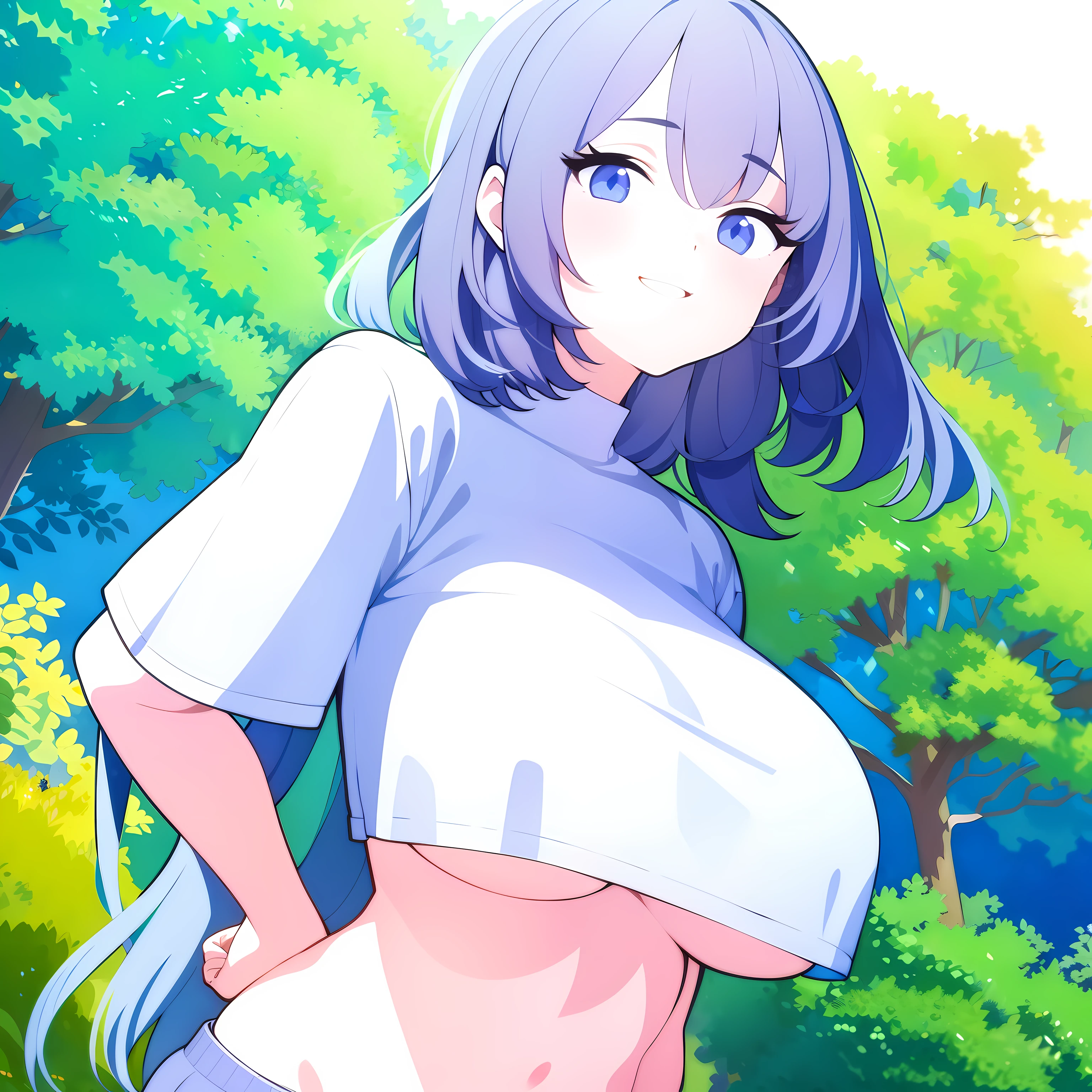 masterpiece, best quality, 1girl, empty eyes, utsurome, hot white crop top, big breast, smile