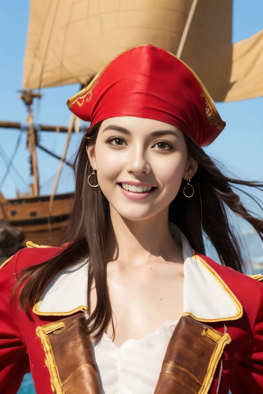 Fashion model 18 years old [[[[closeup cleavage]]]], [[[[boobgasm]]]], [[[[coll]]]], [[[[bshoulders]]]], perfect  eyes, Perfect iris，Perfect lips，perfect teeth，Perfect skin，with fair skin，hdr，Movie girl，(((beautiful pirate girl)))，(Delicate face)，(Highly defined faces)，A delicate face，(((Red pirate costume)))，(((red pirate hat)))，(Raised sexy)，Long legs，(fully body photo），(at pirate ship)，pirate ship flag，4K Ultra HD, ultra high resolution, (Photorealistic: 1.4), Best quality，Masterpiece，（pastel colour：1.2）