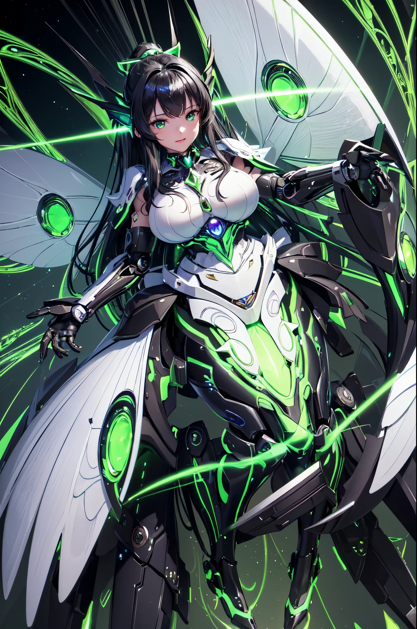 (masterpiece, best quality:1.3),extremely high detailed, intricate, 8k, HDR, wallpaper, cinematic lighting, (universe),(Mecha musume:1.3), glowing, black armor, glowing green eyes, mecha, black hair, ponytail, (large mechanical fairywings:1.2), (black and green theme:1.3), (fairy, girl:1.2), (large breasts:1.1), (white background:1.3)