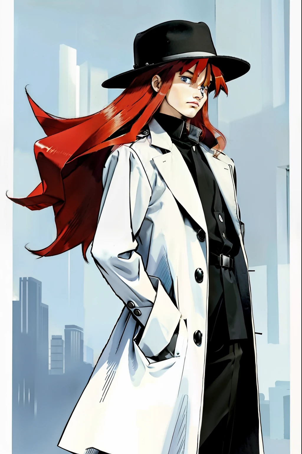 by Ken Sugimori, sugimori 1990s, ((only 1man)), long trenchcoat, wide brimmed hat, red hair ((hands behind their back)), full black pupils, manga, best quality, highly detailed, clean lines, cowboy shot, good hands, good eyes, hd, 8k, professional, symmetrical, hires, 8k,