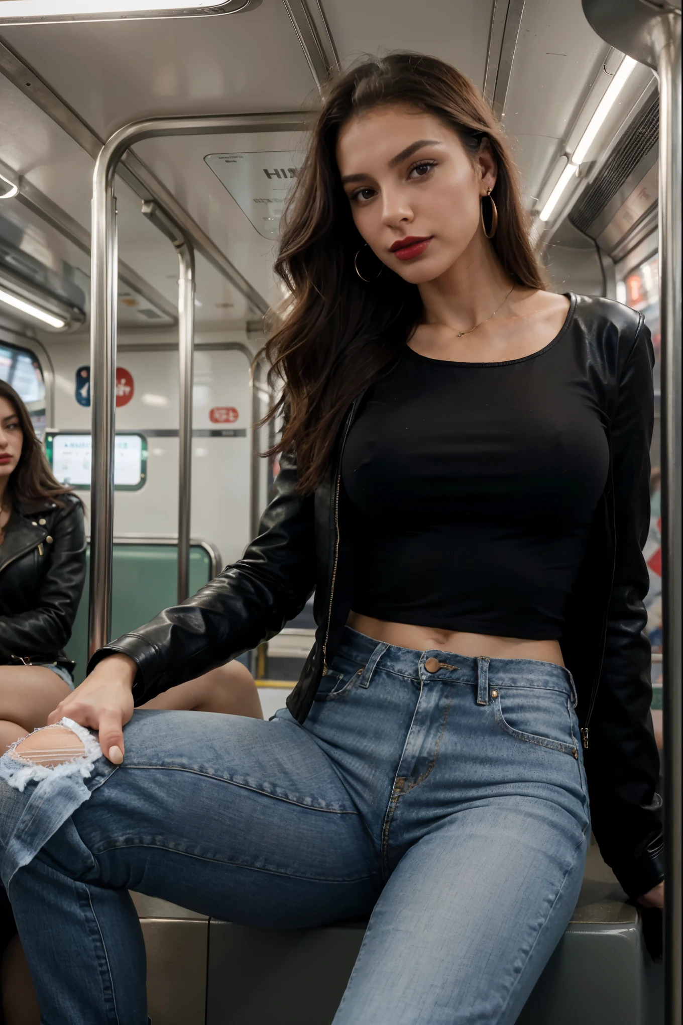Italian girl 25 years old, beautiful, wonderful, sitting cross-legged, on the subway in Paris, alone, 1 girl, real, very high resolution, 8k, elegant jeans, luxury, fabulous body, top, blouse, red lipstick, sensual, sexy, earrings, black leather jacket
