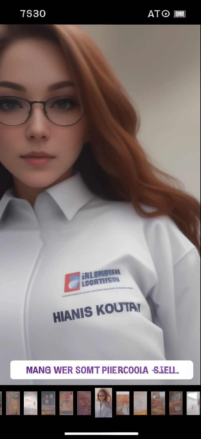um close de uma mulher com longos cabelos ruivos vestindo um jaleco branco, wearing lab coat and a blouse, wearing lab coat, casaco branco, wearing a lab coat, wearing lab coat and glasses, with a lab coat, wearing a white lab coat, vestindo um jaleco, Doutor, lab coat, low quality video, lab coat and tee shirt, white lab coat