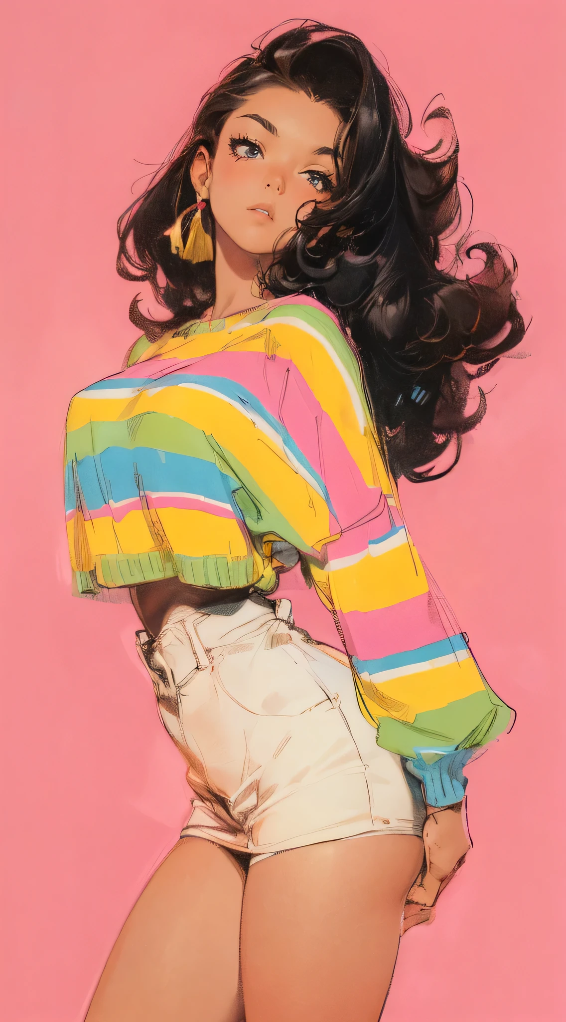 (best quality, ultra-detailed, 8k, uhd:1.2), best quality, perfect body, curvceous, slim waist, thick thighs, minimalist painting by frank frazetta with oil pastels, wearing a colorful retro pastel stripe sweater, minimalist monochromatic portraits on pink background, sweet painting with smooth finish