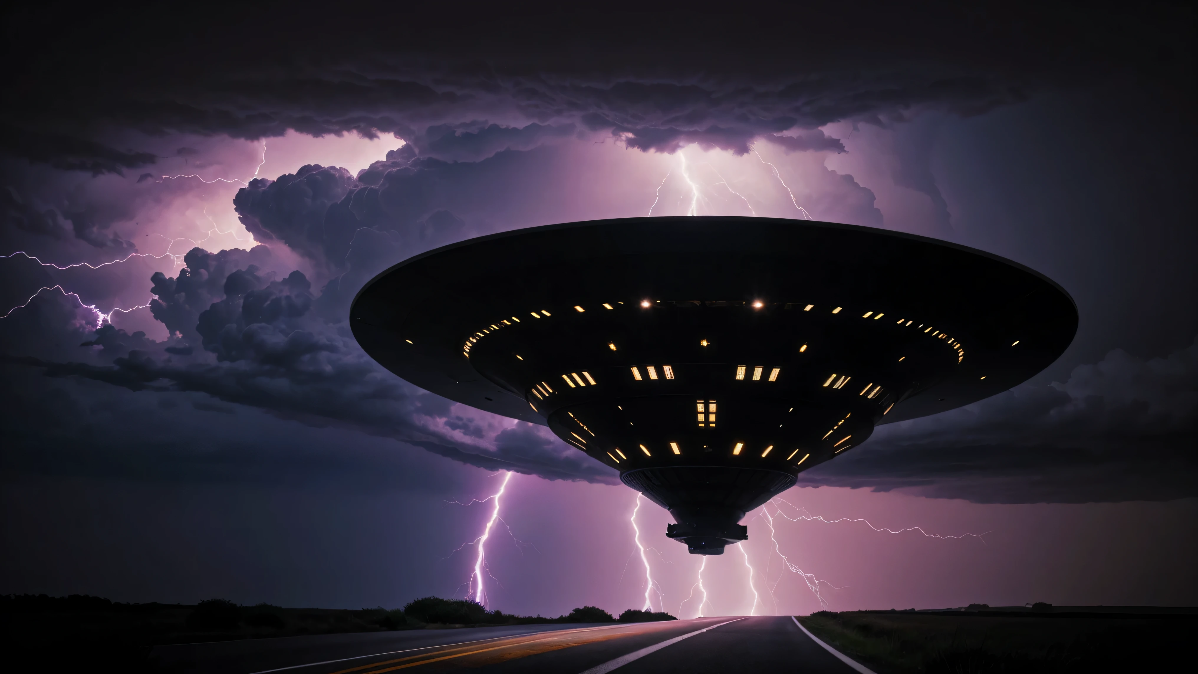 a fantastic flying saucer,in clear focus,a UFO is visible from dark clouds in a check,purple lightning,a thunderstorm and a ufo appears from a thundercloud,a nebula,and on earth the road goes into the distance,the asphalt glitters from the light of lightning,ultra-high detail,hyper high quality,saturation,contrast,hard light, best quality, super-detail, contrast, clear focus, volumetric light