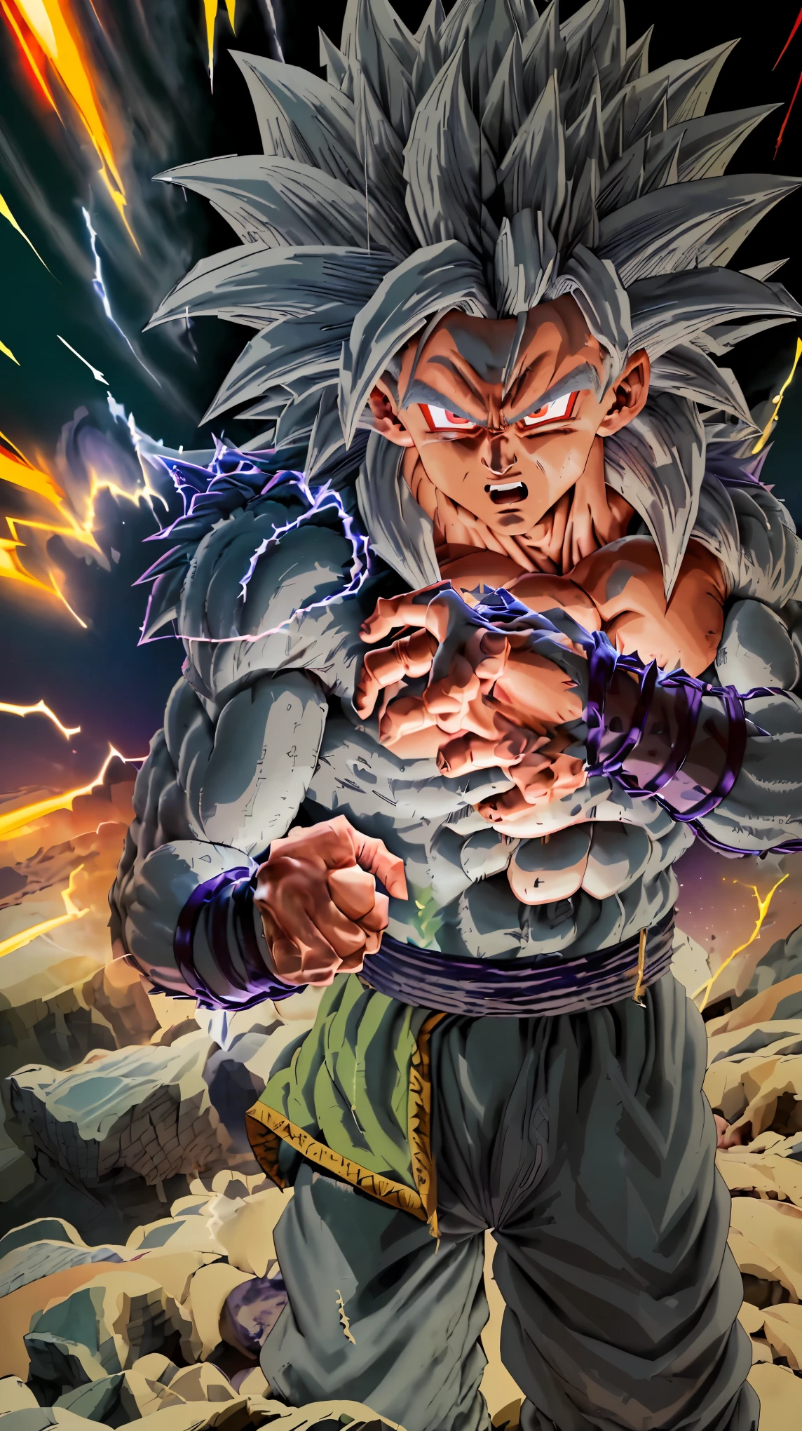 Generate an awe-inspiring artwork featuring Goku, the iconic character from Dragon Ball Z, amidst a desolate desert battlefield. In this scene of triumph and power, depict Goku in his legendary Ultra Instinct mode, a state of unparalleled mastery and strength. Ensure meticulous attention to detail, beginning with Goku's electrifying presence: his hair should cascade in shimmering strands of silver, resembling crackling electricity, while his eyes blaze with a piercing silver glow, reflecting the depth of his determination and power.

Zoom in on Goku's face to capture the intensity of his expression. His eyes, nose, and mouth should be rendered with precision, conveying a steely resolve and unwavering focus. Pay special attention to his hands and fingers as he prepares to unleash his signature attack, the 'Kamehameha.' Each digit should be poised with precision, emanating a sense of controlled power and imminent release.

Surround Goku with a dynamic aura of energy, crackling and swirling around the outline of his body. This electrifying aura should pulsate with life, mirroring Goku's inner strength and vitality. The desert landscape serves as the backdrop for this epic scene, with subtle lighting casting shadows and highlights to enhance the contrast with Goku's radiant form.

Capture the essence of victory and triumph amidst the desolate expanse of the battlefield. The atmosphere crackles with energy and tension, conveying the sheer magnitude of Goku's power and the weight of his decisive victory. This artwork should not only portray Goku's physical prowess but also evoke a sense of awe and inspiration, leaving viewers captivated by the sheer force of his presence.