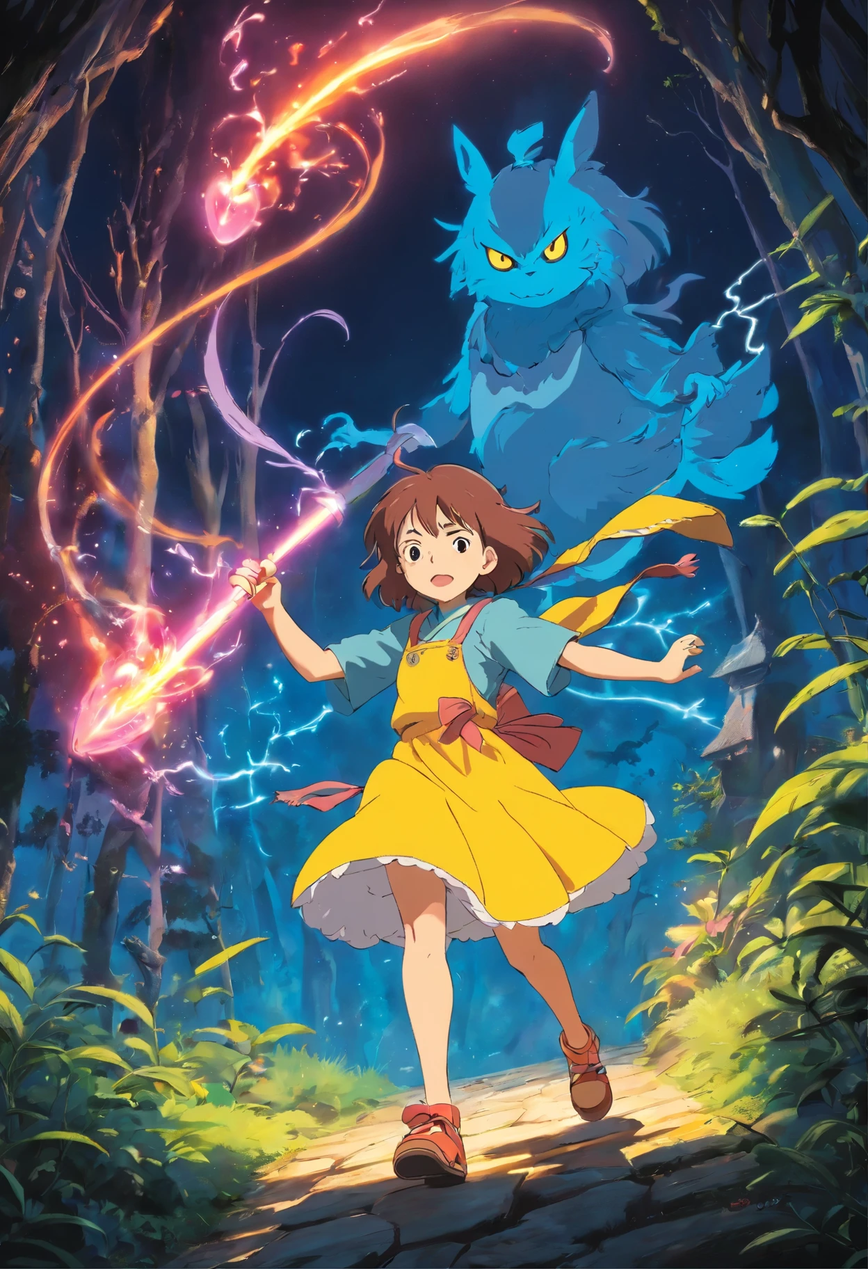 Chica aventurera combatiendo magia oscura