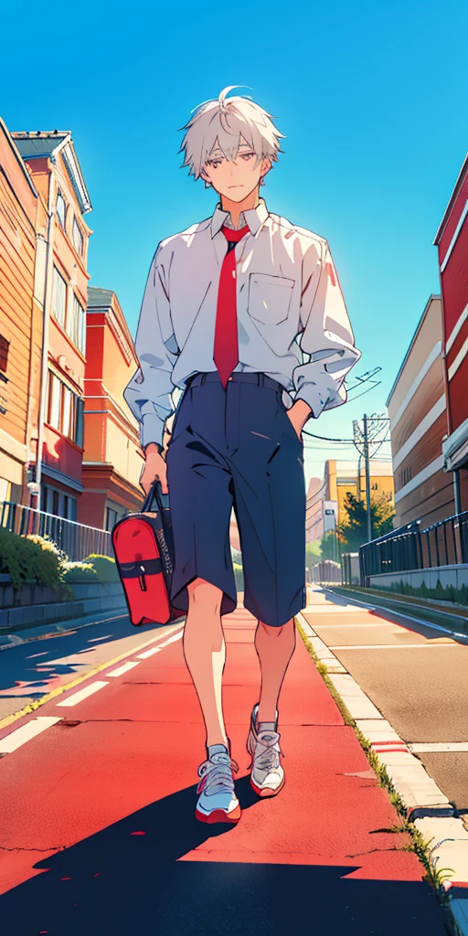 8k,High qulity,,Good face,Red eyes,Full body,person,With short white hair,very handsome,On campus,Blues,Schools