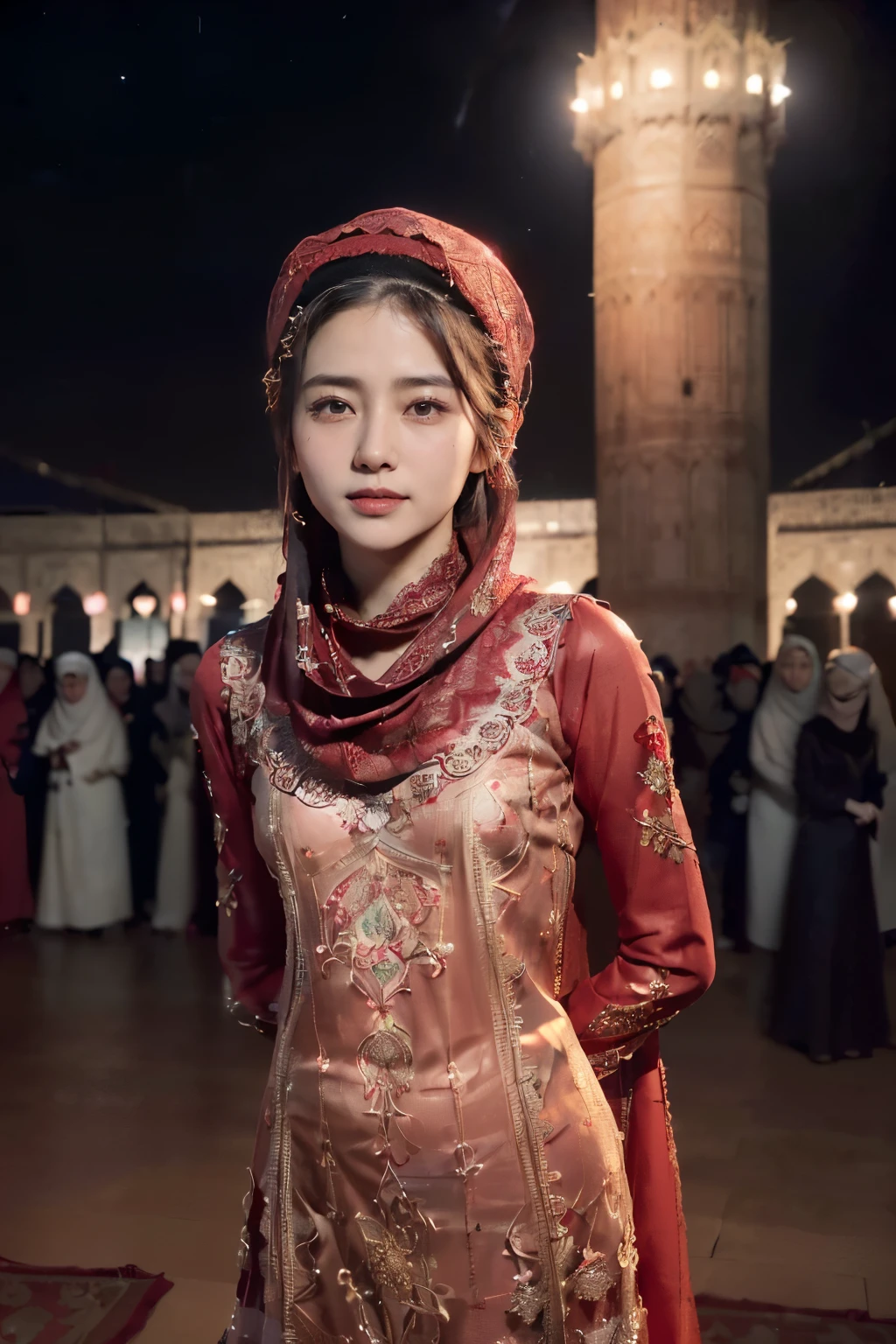 ((((8k))),((Extremely meticulous CG)) ,(wallpaper),16k,((Extremely refined and beautiful)),(((Masterpiece))),(((best qualtiy))),(((Ultra High Resolution))),beautiful light up,Perfect lightning,realistic shaded,Rembrandt lighting,(bright light:1.3),(neon lights:1.2),cinematic atomosphere,(Smooth and flawless fair skin:1.5),(pale skin:1.3),Extremely exquisite facial details,(perfect body:1.1),ultra-detailed,(A beautiful Uyghur girl:1.2),solo,(red Uyghur hat:1.2),(small head:1.2),(Uyghur dreadlocks:1.1),(small face:1.2),Exquisite makeup,(small breasts:1.2),(flat chests:1.2),(slim,thin),(happy:1.2),(smile:1.2),(maxi gorgeous Exquisitely embroidered Red abaya:1.5),(slender legs:1.2),(lace stockings:1.5),(high heels:1.1),outdoor,(night scene:1.5),(Standing:1.3),(arms behind back:1.3),(In front of the majestic Mosque:1.5),(On the square:1.2),(In Kashgar:1.2),(detailed background:1.5),(upper body:1.3),(from front:1.3),(Surrounded by crowded crowds:1.5),(winter:1.2)