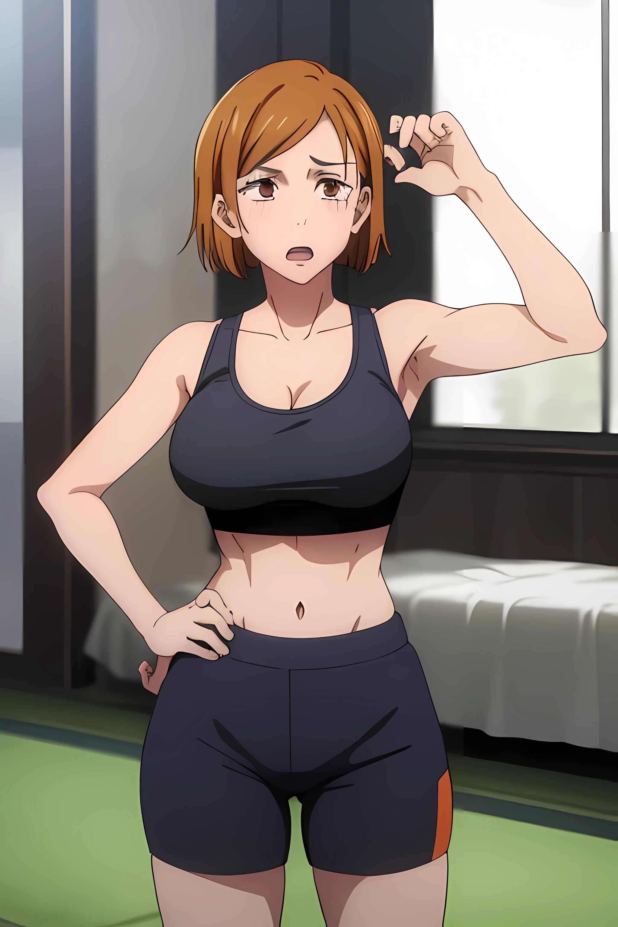 (masterpiece), (best quality), (ultra-detailed), (best illustration), (best shadow), (absurdres), nobarakugisakinova, short hair, orange hair, ((brown eyes)), kugisaki nobara, , 1girl, solo, bangs, open mouth, (black sports bra), yoga shorts, large breasts, ((gasping)), blushing, hand on hip, cleavage, gym background