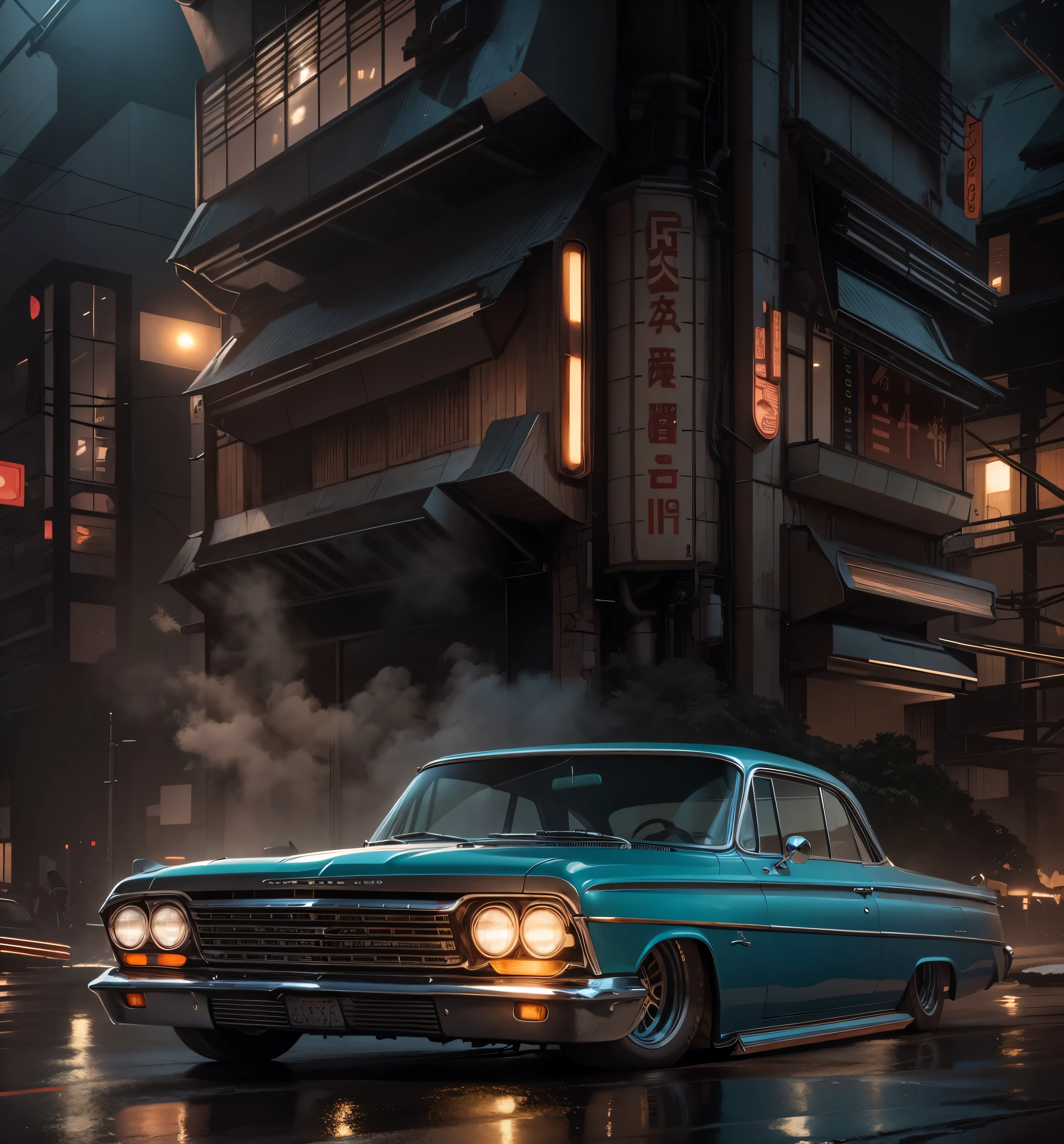 An imposing 62 Chevy showroom classic car, impecavelmente restaurado, ostenta rodas BBS RS de 17 polegadas com acabamento cromado. Its ridiculously low stance brings it closer to the asphalt of the tree-lined street dominated by retrofuturistic Japanese buildings illuminated on a rainy night with fog and fire..
