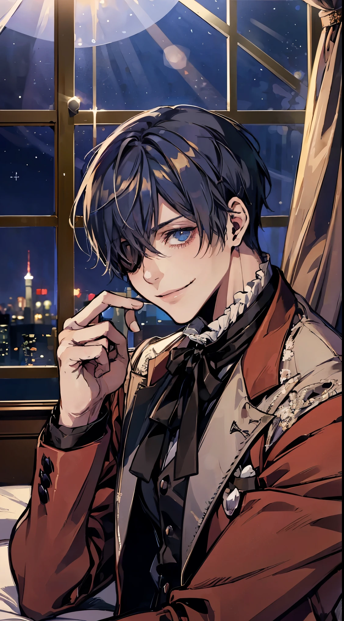 (Ciel Phantomhive,Kuroshitsuji),1boy, eyepatch on left eye,male photo, elegant,best quality, (masterpiece:1.2),ultra detailed, adult, mature, muscle man, very muscular man, cute smile, red suit, bedroom, hotel room, elegant room, starry sky outside of window