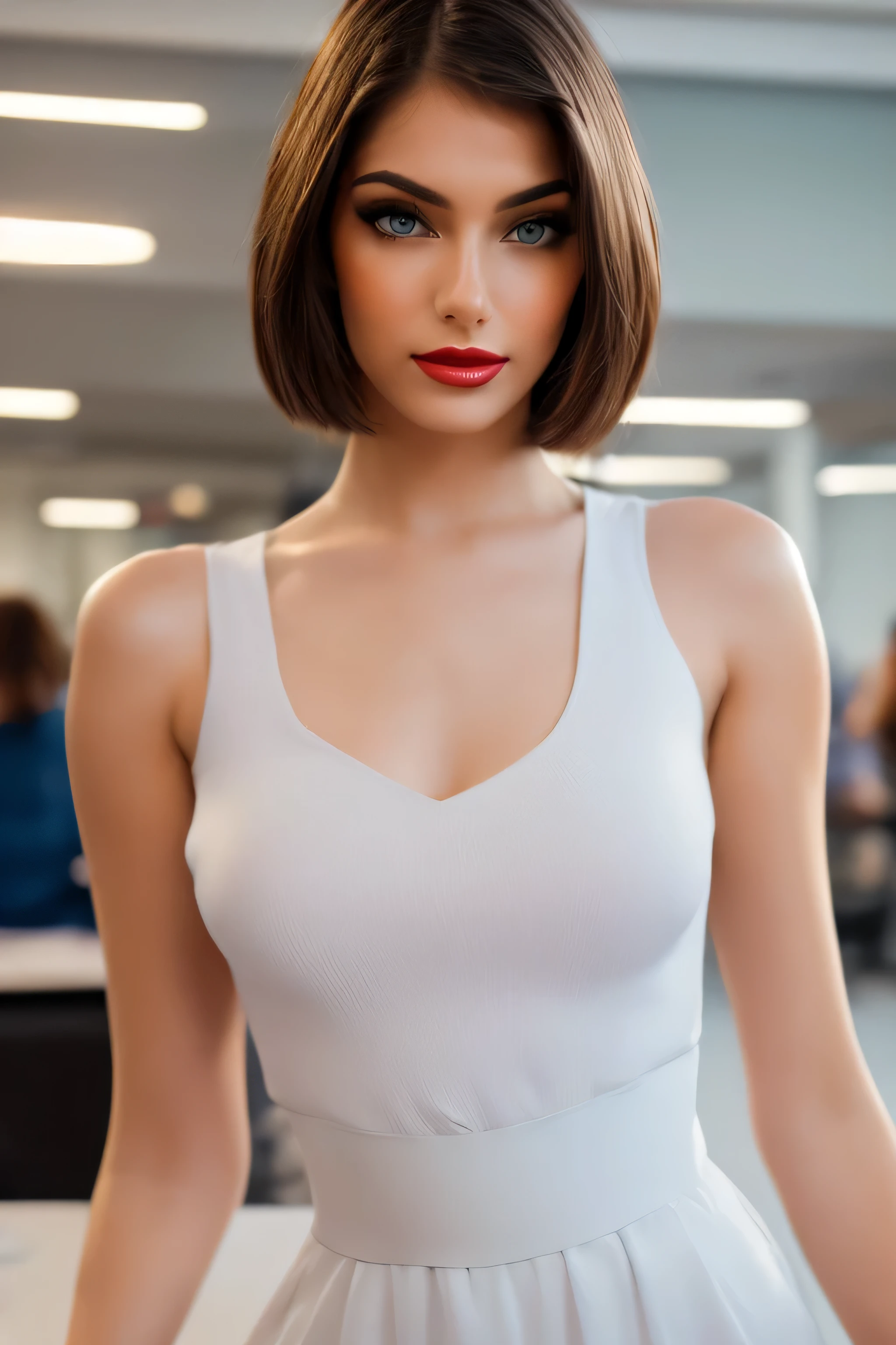 Best quality, PhotoRealistic, ultra detailed, finely detailed, high resolution, 8K wallpaper, Raw color photo, professional, High level of detail, (Model advertising a computer..). Beautiful 35 year old woman, (pale skin), (Masterpiece), (full body), (blue eyes), Realistic, happy face, (red lipstick), expressive smile, ((short shoulder length hair), (blonde hair)), ((small breast, no cleavage)). white dress for woman, (Best quality,4k,8K,high resolution,Masterpiece:1.2),ultra detailed,(Realistic,photoRealistic,photoRealistic:1. 37),portrait, Tailored suit for ladies,professional setting,confident expression,stylish haircut,Office environment,modern office building,stunning architecture,elegant pose,executive woman,high heels,spacious and bright office,sharp focus,women working together,polished look,neutral color palette,soft natural lighting,clean and minimalist design,important business meeting, Intricate patterns on suit, well groomed hairstyle,Desk with computer and paperwork,air of authority,successful and accomplished women,award winning photo, (Face to face), (Look at viewers), small light, low contrast, facial symmetry, depth of fields, cinematic background, central image, softly lit, (finely detailed skin), Realistic skin texture, extreme skin details, (pores: 0. 1), small bust with good shape