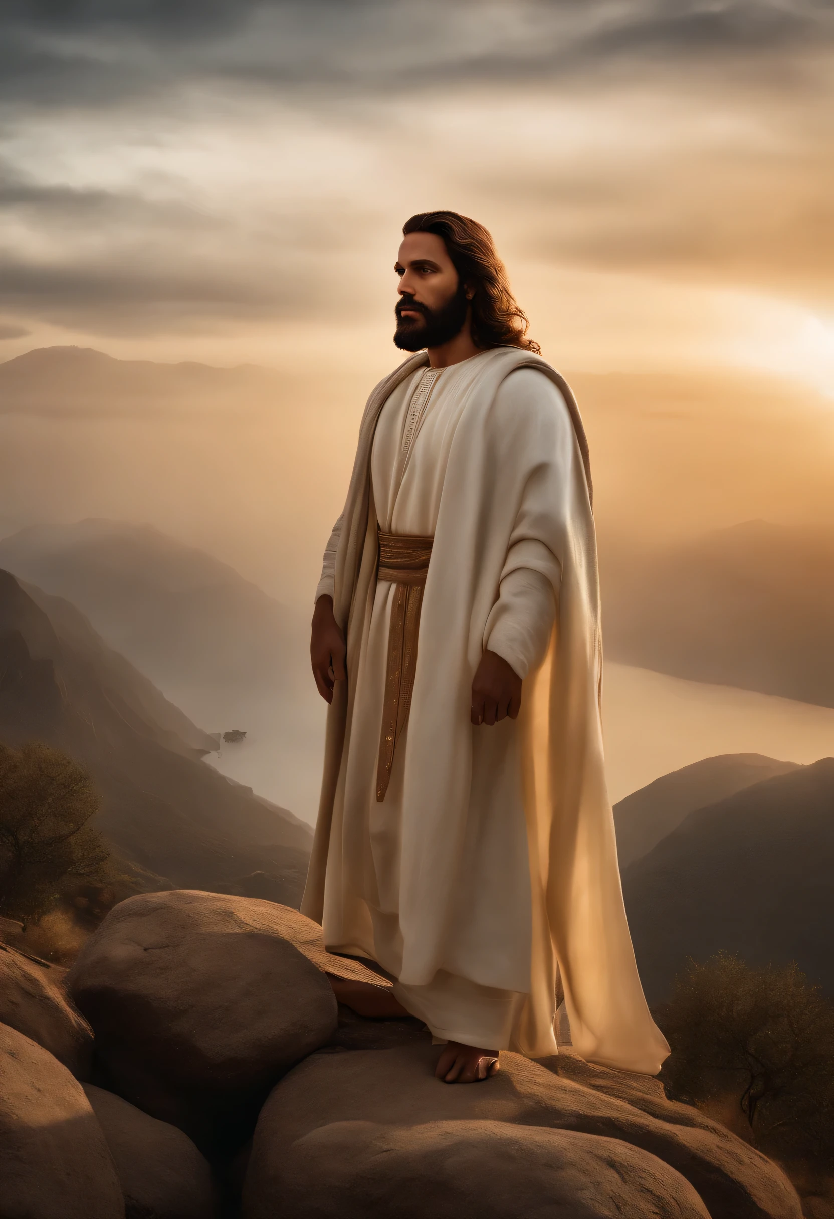 Fotografia de Jesus Cristo, ((melhor qualidade, 8k, obra-prima: 1.2)), Ultra-realistic graphics, fotografia a cores, foco nitido, corpo inteiro, olhar piedoso, textura Facial e de Pele Altamente Detalhada, olhos detalhados, contato visual direto, Super-resolution, Megapixels, ProFoto RGB, Ultra HD
