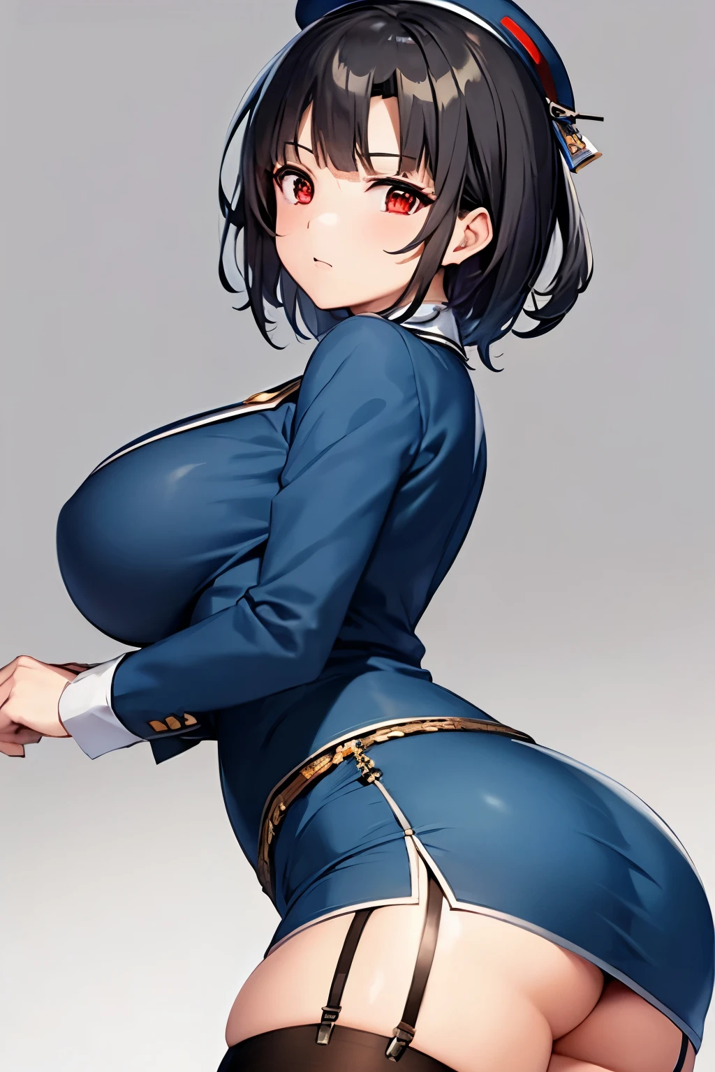 (masterpiece, best quality:1.2),illustration,8k,hd,1girl,solo,upper body,(portrait:1.2),takao \(kancolle\),black hair,red eyes,short hair,large breasts,long sleeves,hat,black gloves,black thighhighs,miniskirt,blue skirt,military uniform,beret,garter straps,blue jacket,blue headwear,pencil skirt,butt,NSFW