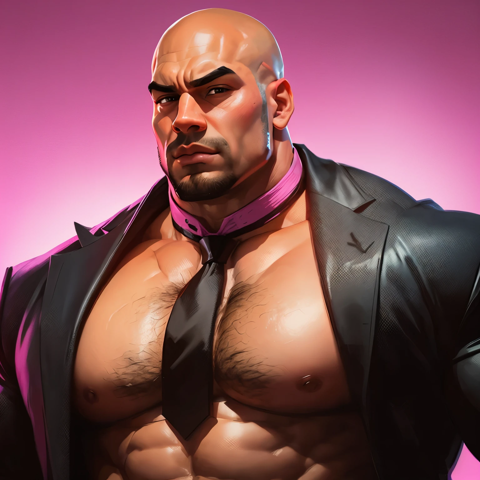 an exaggeratedly muscular and large bald bodyguard, mixed race, (wearing a necktie: 1.2), shirtless, (exposed pecs: 1.1), (bara pecs: 1.3), (hairy chest: 1.1), portrait HD, pink background light