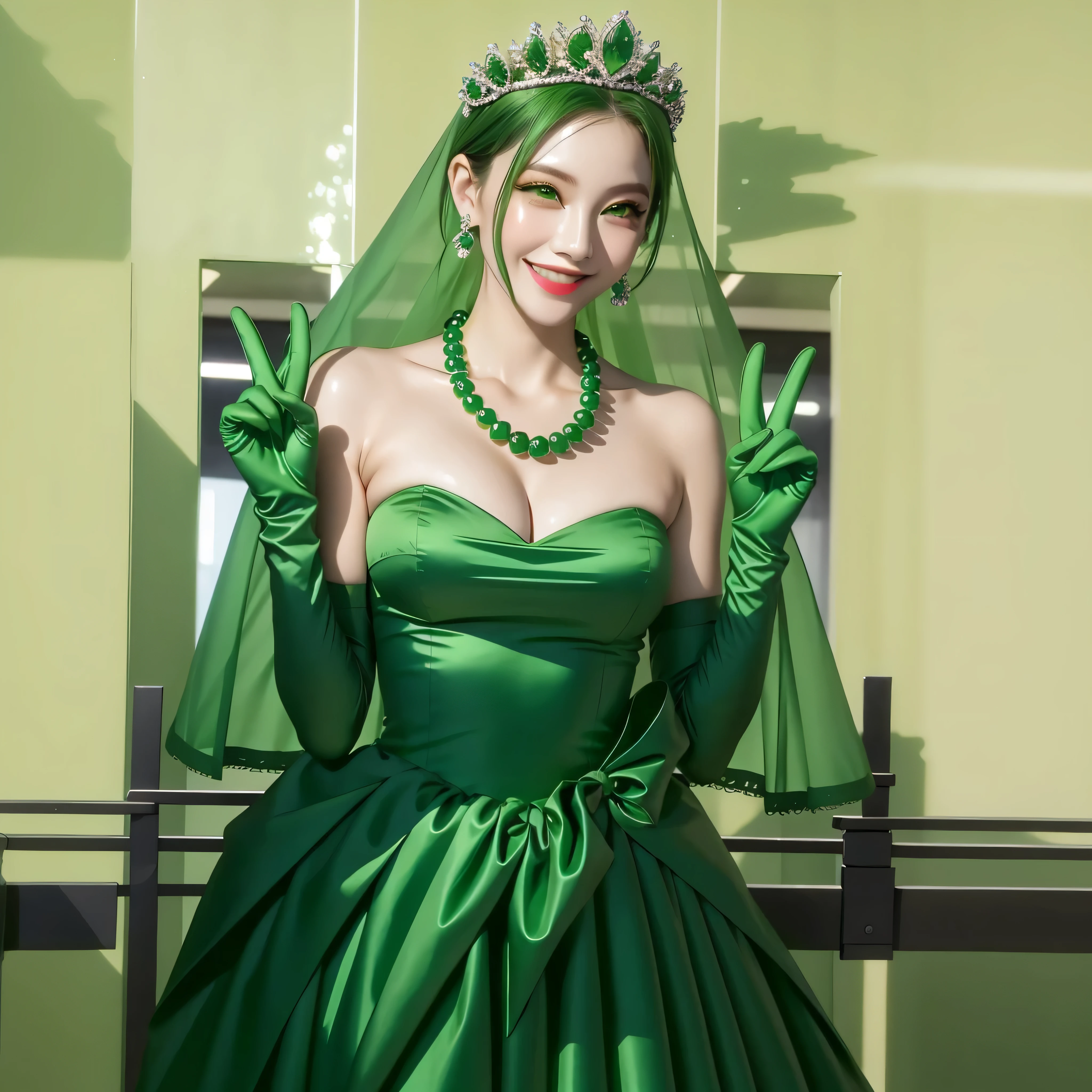 emerald tiara, green pearl necklace, boyish very short green hair, green lips, smiling Japanese woman, very short hair, Beautiful woman with big breasts, green eyes, green satin long gloves, green eyes, emerald earrings, green veil, Heart with both hands, green hair, beautiful japanese woman, V sign, green lip gloss