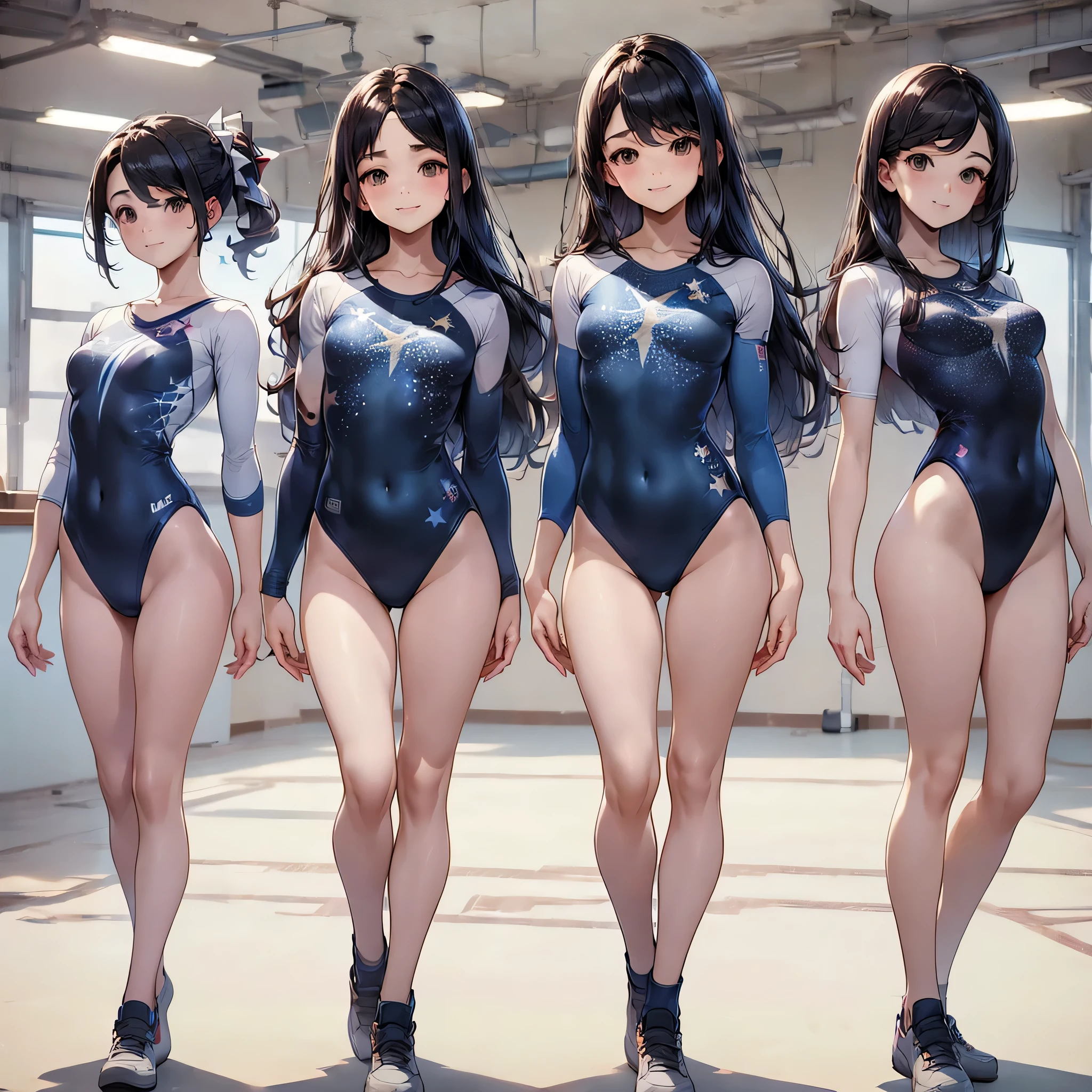((full body)),(masterpiece, best quality), (3 girls1.5) ,((Contrapposto:1.5)), looking at viewer, walking,((v_arms:1.2)), wearing gymnastics_longsleeves_leotard_outfit leotard:1.3),(blue leotard) ,(stars print:1.3), BREAK masterpiece black hair, ((long hair:1.2)), ((parted bangs:1.3)), black eyes, good hand, ((small breasts)), (over 20 years old, under 25 years old:1.2), , spotlight, happy, smile, BREAK in the class room
