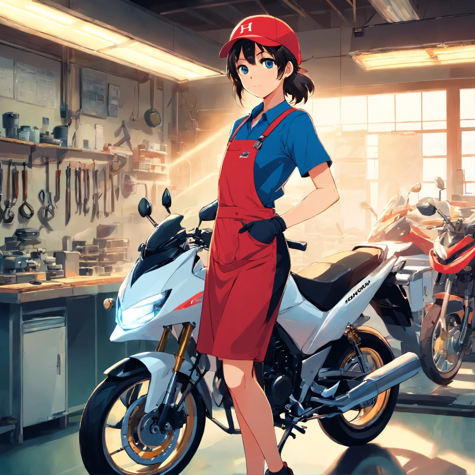 Honda mechanic, (blue eyes, red hat, red apron, white suspenders, black and black gloves, )full body, exaggerated expressions and actions, clean background, bright colorful highlights, studio lighting, atmospheric lighting, with rich texture  beautiful, high detail, high resolution, 8k, best quality, ultra high definition, (Mechanic as a Honda motorbike partner), (Honda motorbike), (workshop), (as a motorbike repair shop employee)