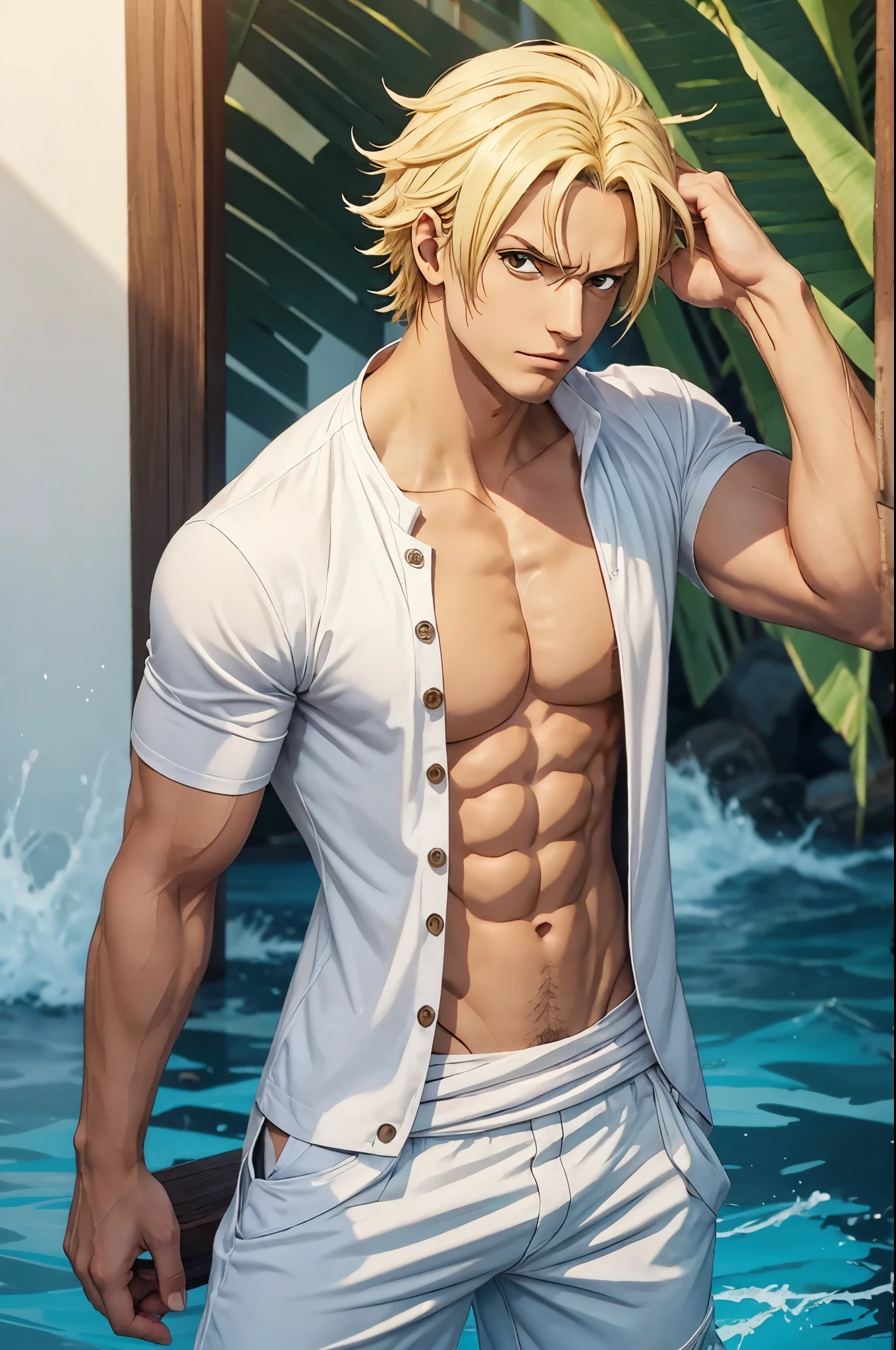 Personagem de cabelo branco e sem camisa,estilo one piece