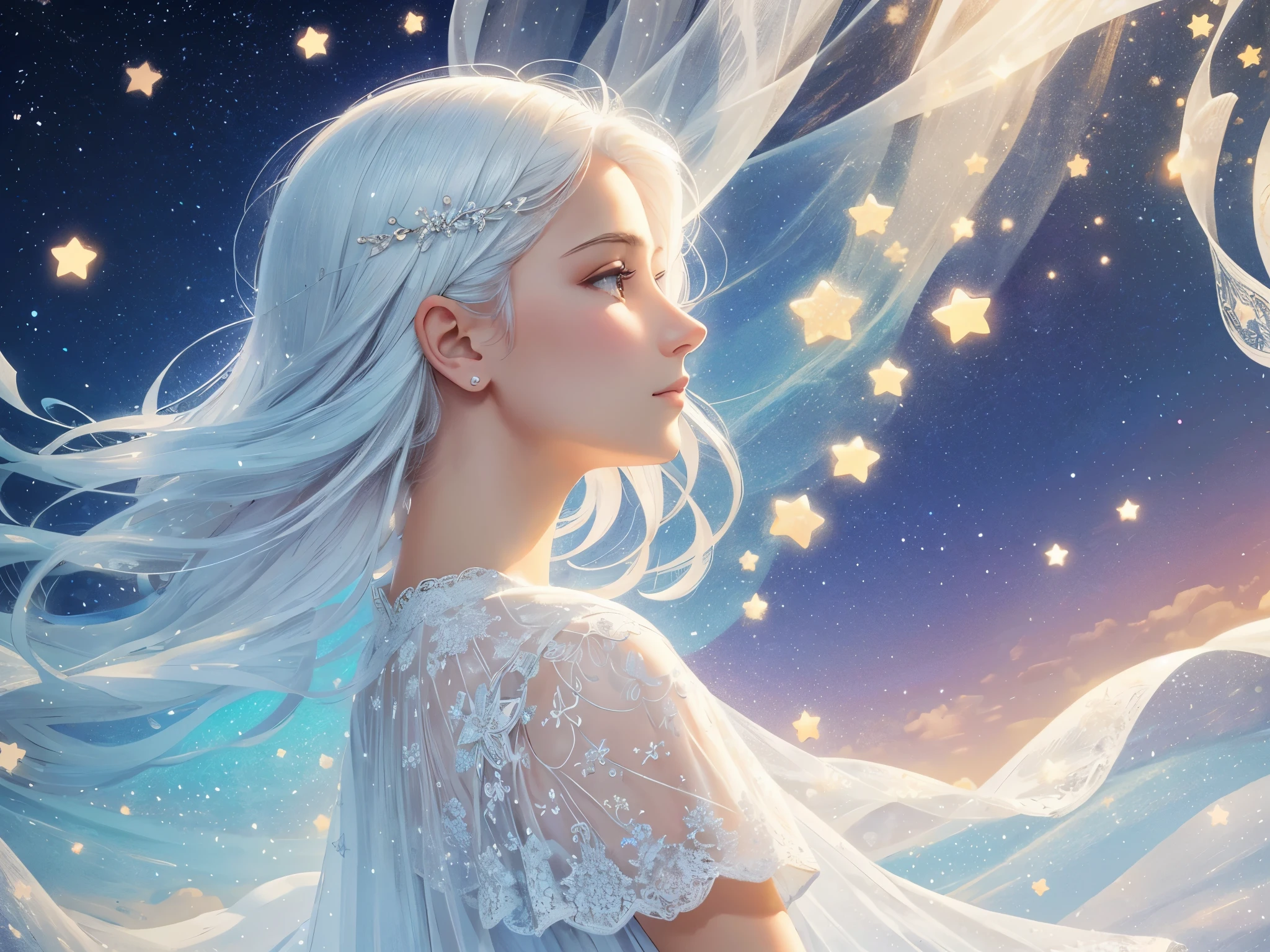 beautiful girl with white hair, looking away, profile view, sadness, a tear slides down her cheek as she looks out over an ocean of stars, she wears a long flowing sheer translucent white dress, her eyes sparkle like starlight with a beautiful blue, magical, whimsical, dreamy, fantasy, golden ratio, perfection, serene composition, sharp focus, intricate details, masterpiece, best quality, illustration, midjourney style, soft pastel colors, vibrant, colorful