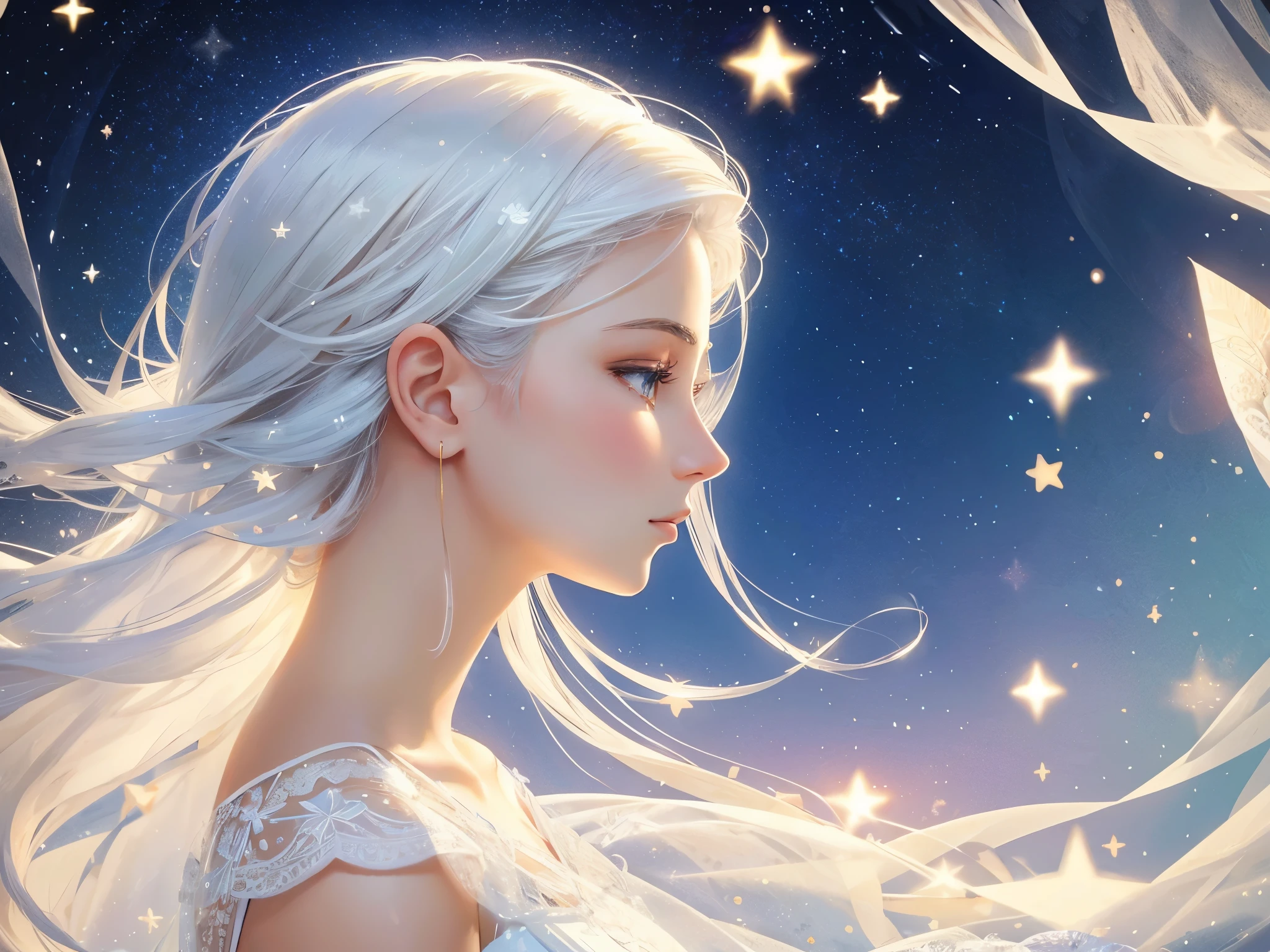 beautiful girl with white hair, looking away, profile view, sadness, a tear slides down her cheek as she looks out over an ocean of stars, she wears a long flowing sheer translucent white dress, her eyes sparkle like starlight with a beautiful blue, magical, whimsical, dreamy, fantasy, golden ratio, perfection, serene composition, sharp focus, intricate details, masterpiece, best quality, illustration, midjourney style, soft pastel colors, vibrant, colorful