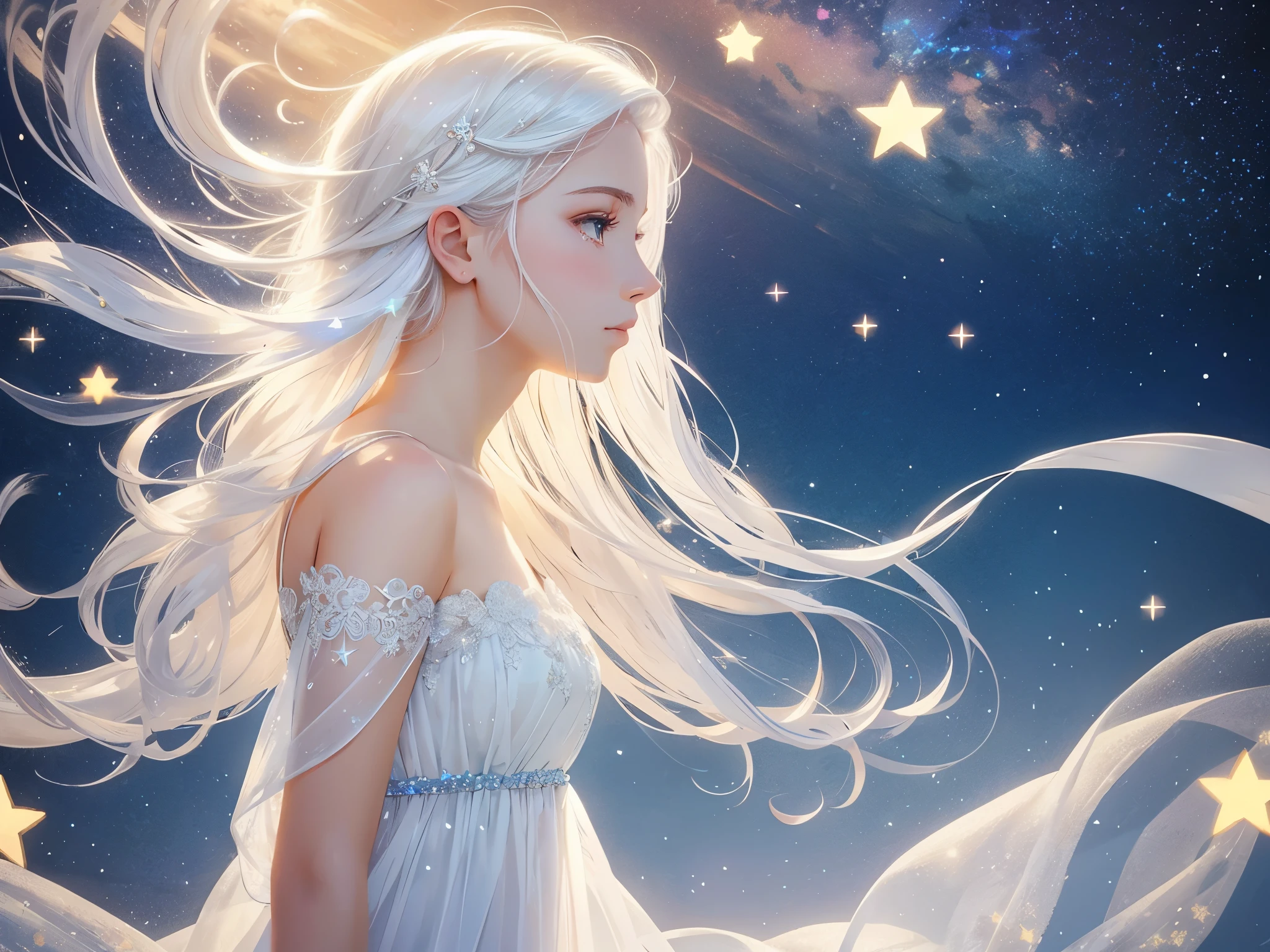 beautiful girl with white hair, looking away, profile view, sadness, a tear slides down her cheek as she looks out over an ocean of stars, she wears a long flowing sheer translucent white dress, her eyes sparkle like starlight with a beautiful blue, magical, whimsical, dreamy, fantasy, golden ratio, perfection, serene composition, sharp focus, intricate details, masterpiece, best quality, illustration, midjourney style, soft pastel colors, vibrant, colorful